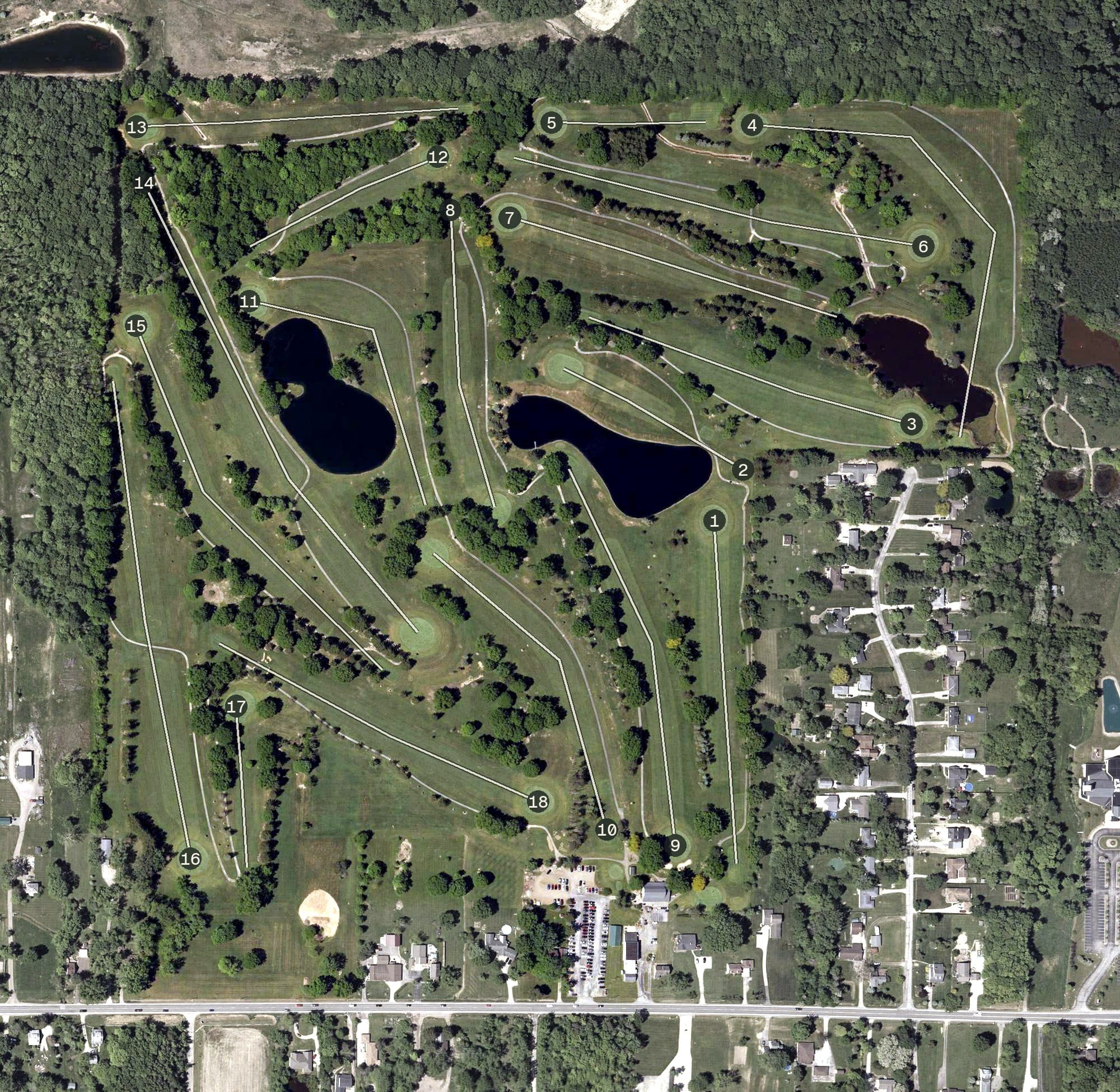 Aerial view of Royal Crest Golf Club, OH, with its hole routing marked