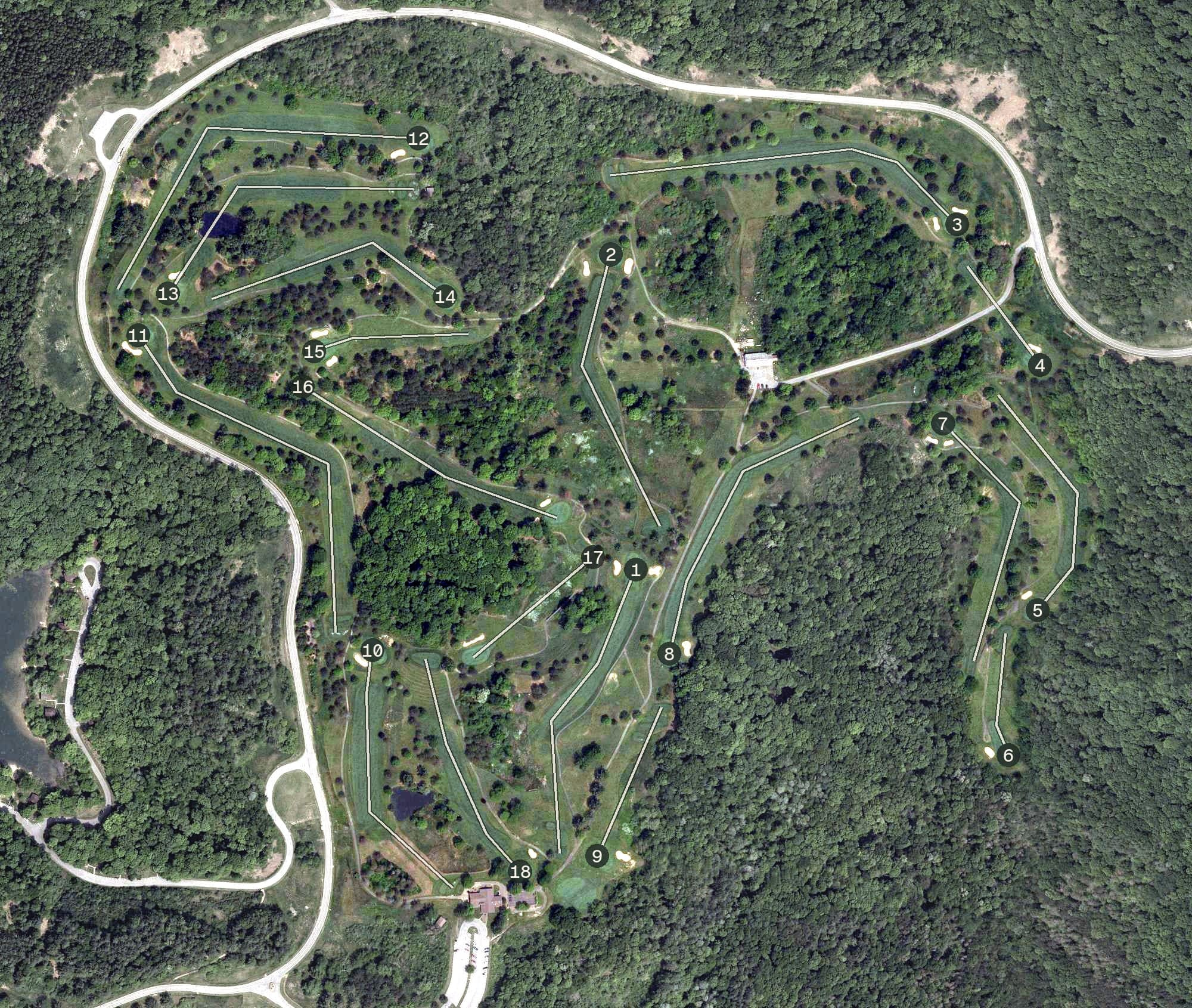 Aerial view of Salt Fork State Park Golf Course, OH, with its hole routing marked