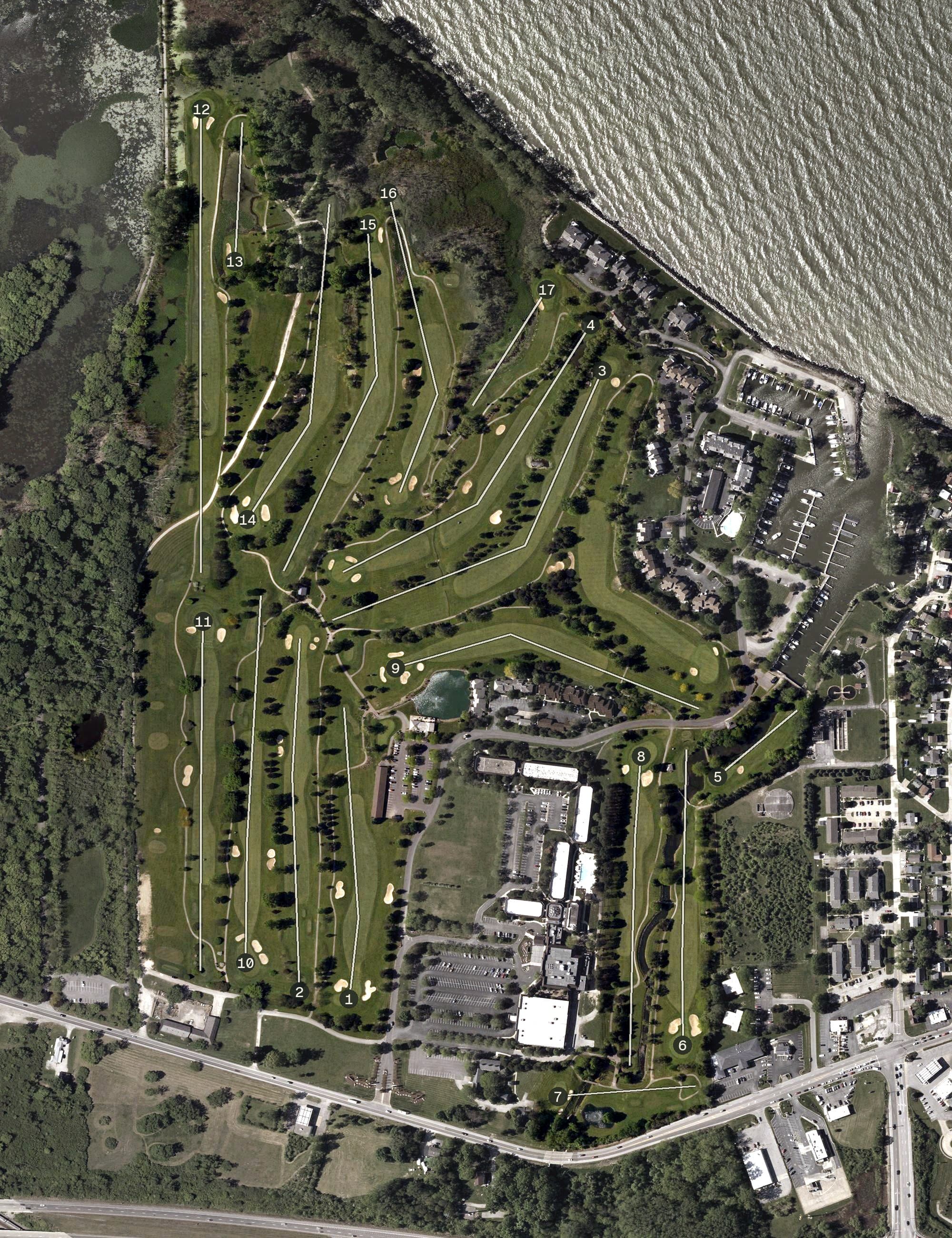Aerial view of Sawmill Creek Golf Club, OH, with its hole routing marked