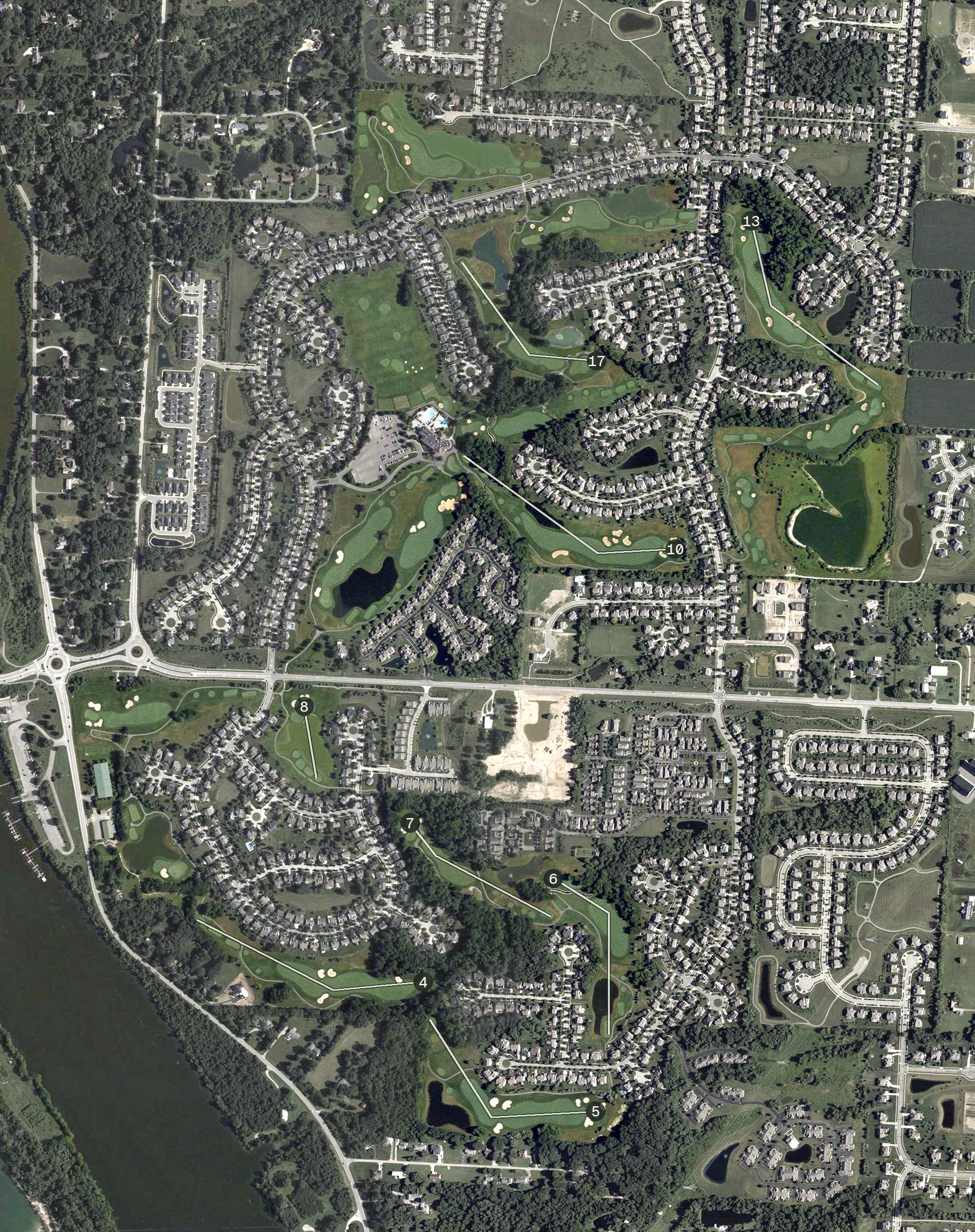 Aerial view of Scioto Reserve Country Club, OH, with its hole routing marked
