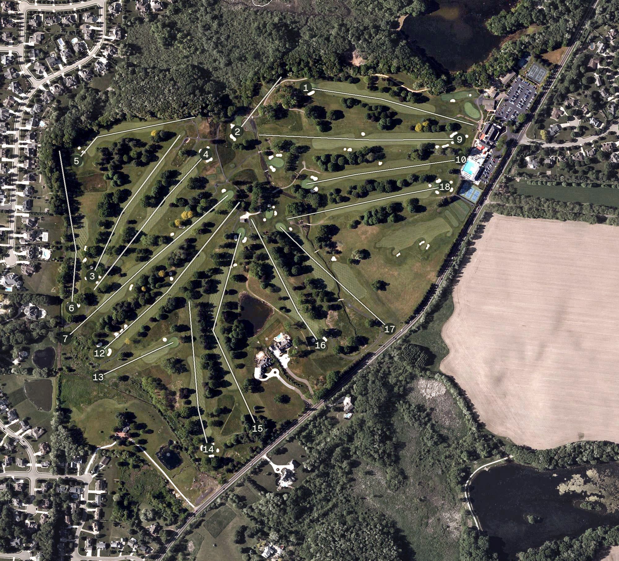 Aerial view of Shady Hollow Country Club, OH, with its hole routing marked