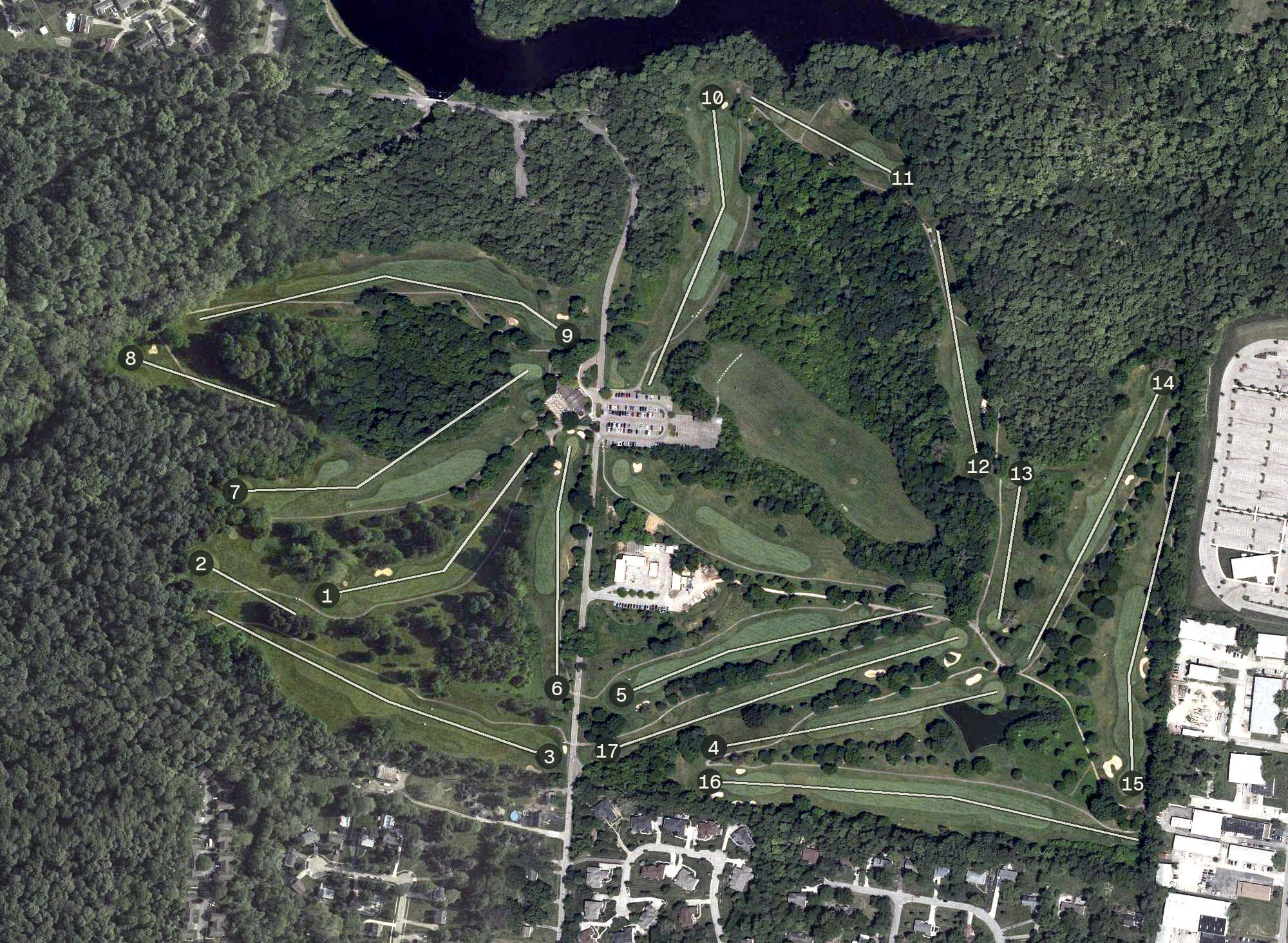 Aerial view of Sharon Woods Golf Course, OH, with its hole routing marked