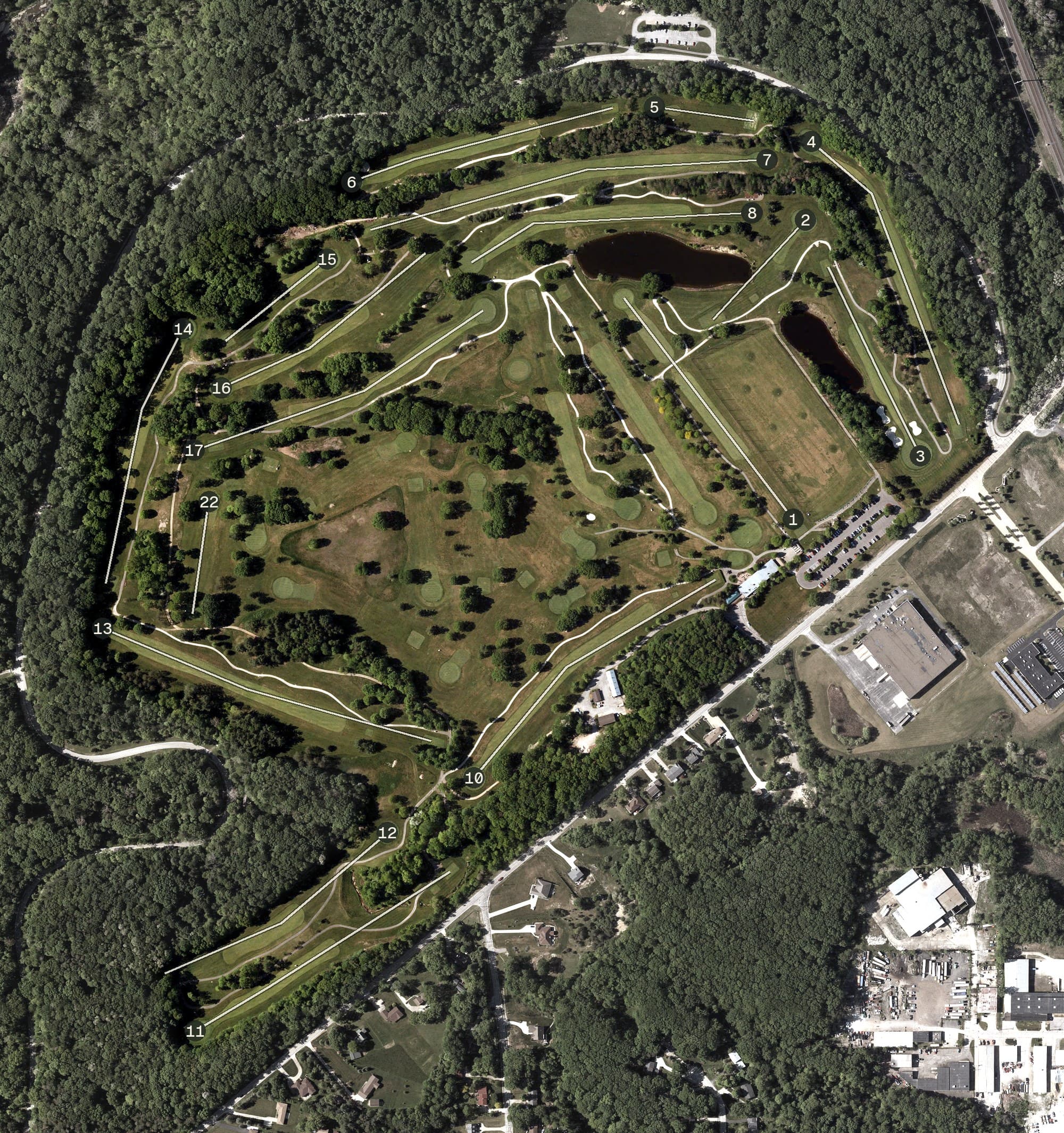 Aerial view of Shawnee Hills Golf Course, OH, with its hole routing marked