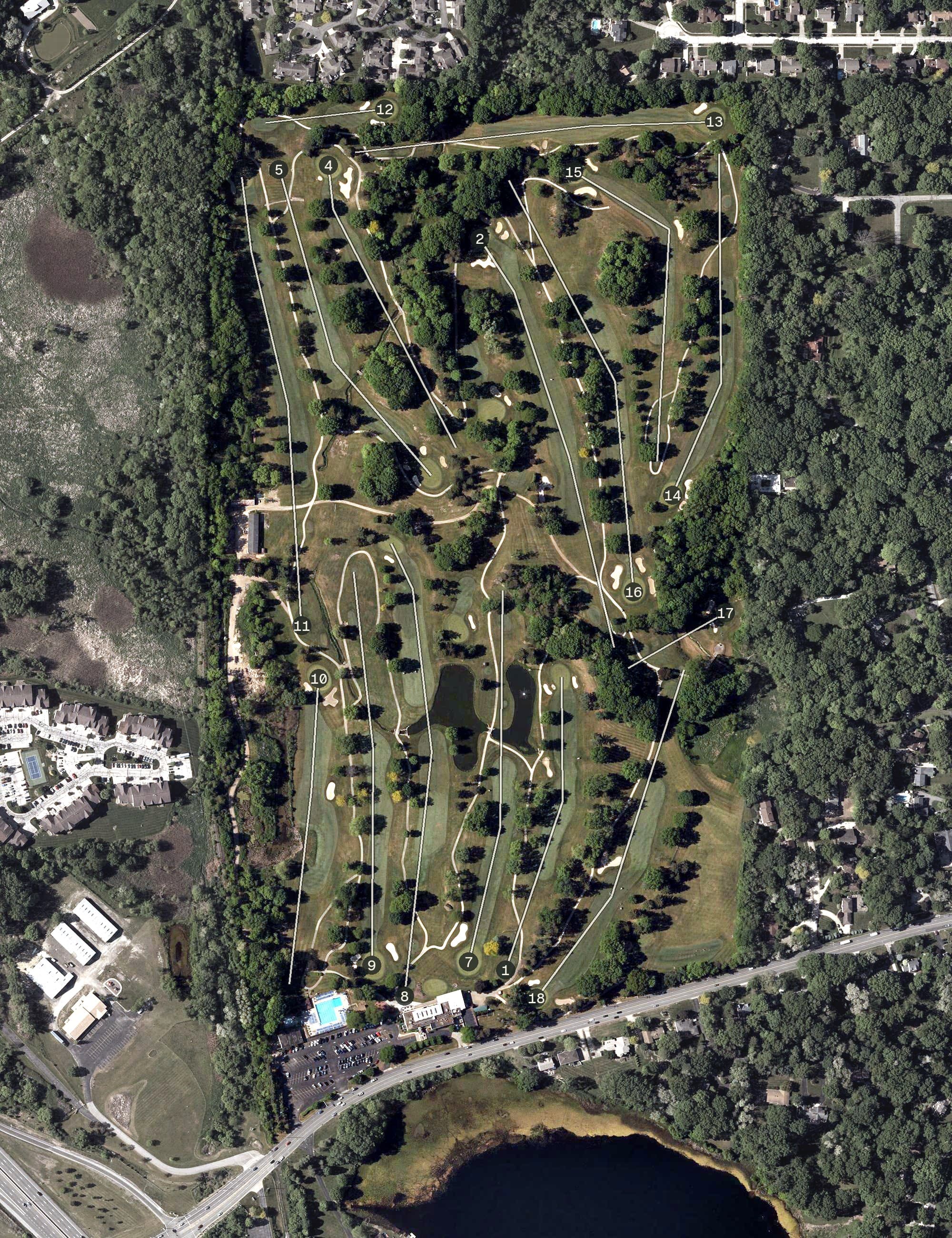 Aerial view of Silver Lake Country Club, OH, with its hole routing marked