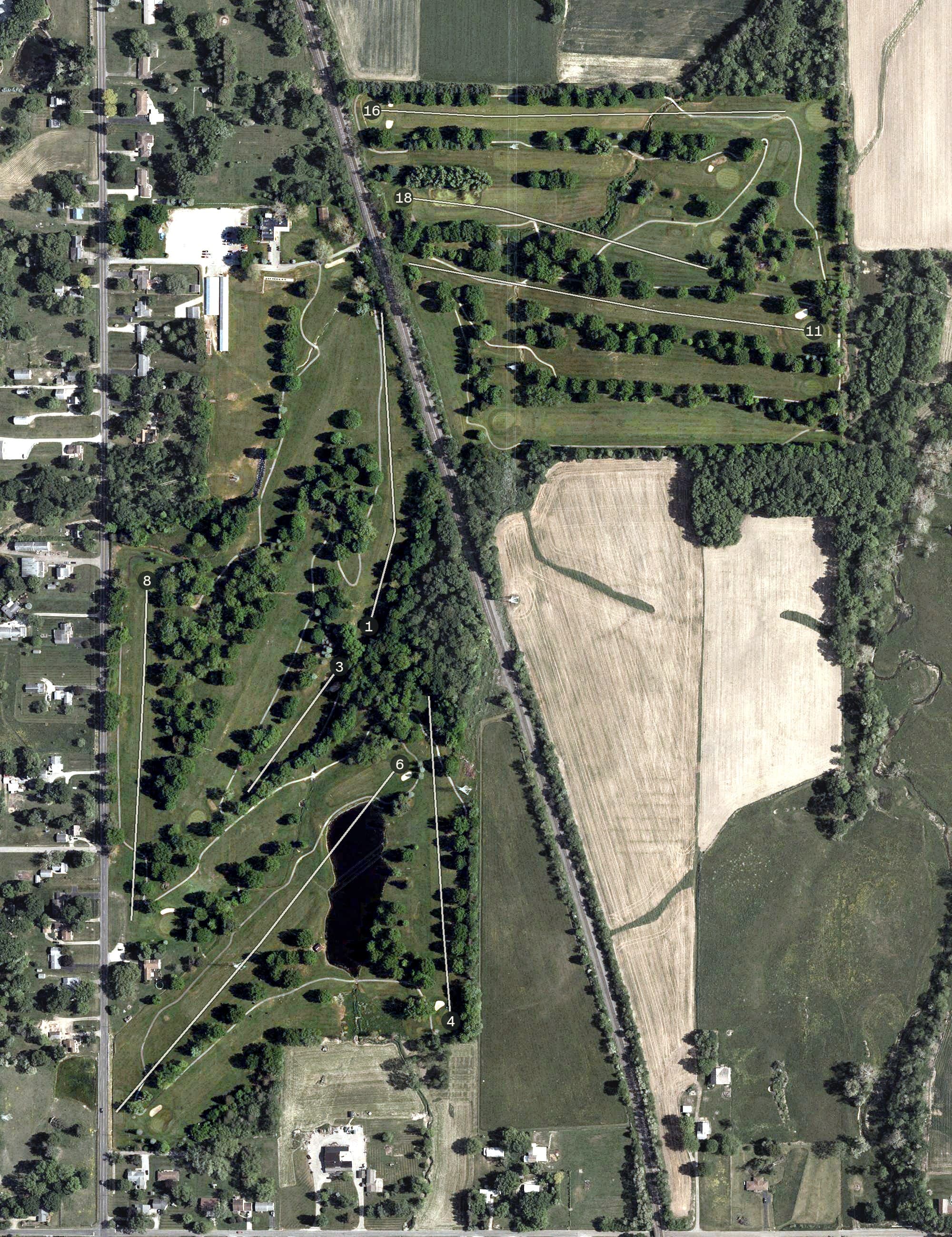 Aerial view of Sleepy Hollow Country Club, OH, with its hole routing marked