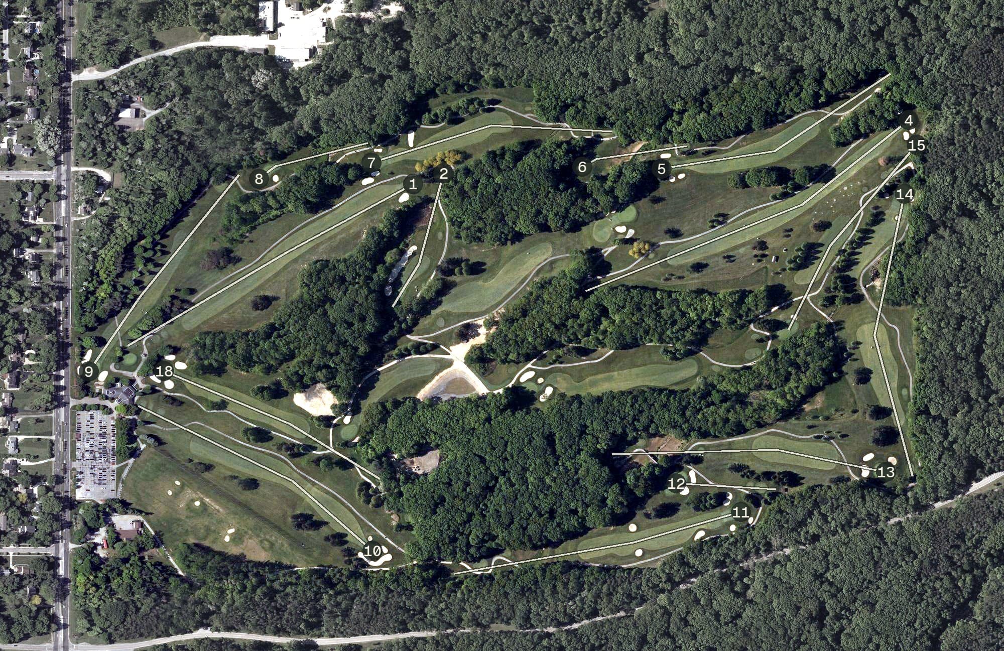 Aerial view of Sleepy Hollow Golf Course, OH, with its hole routing marked