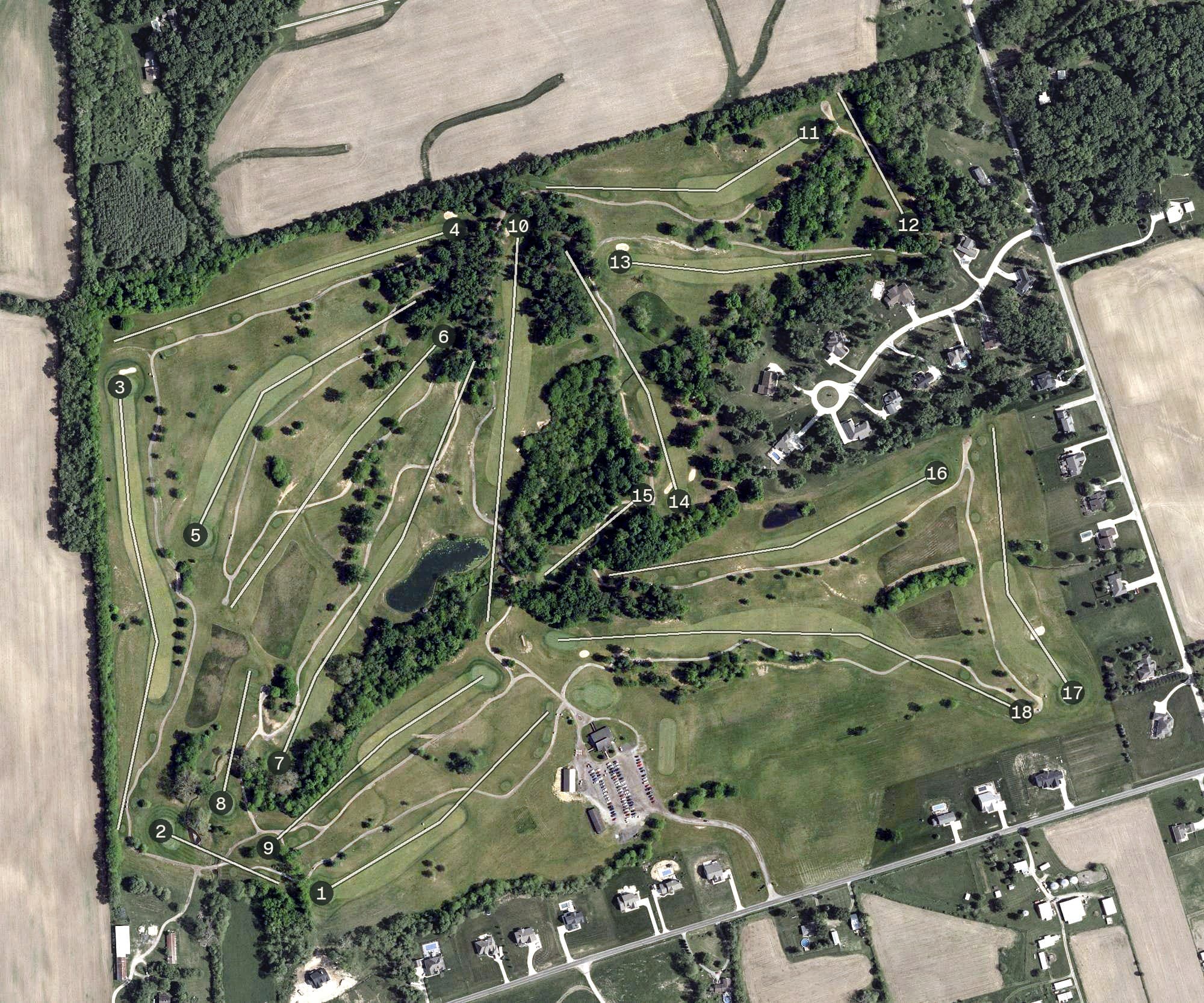 Aerial view of Split Rock Golf Club, OH, with its hole routing marked