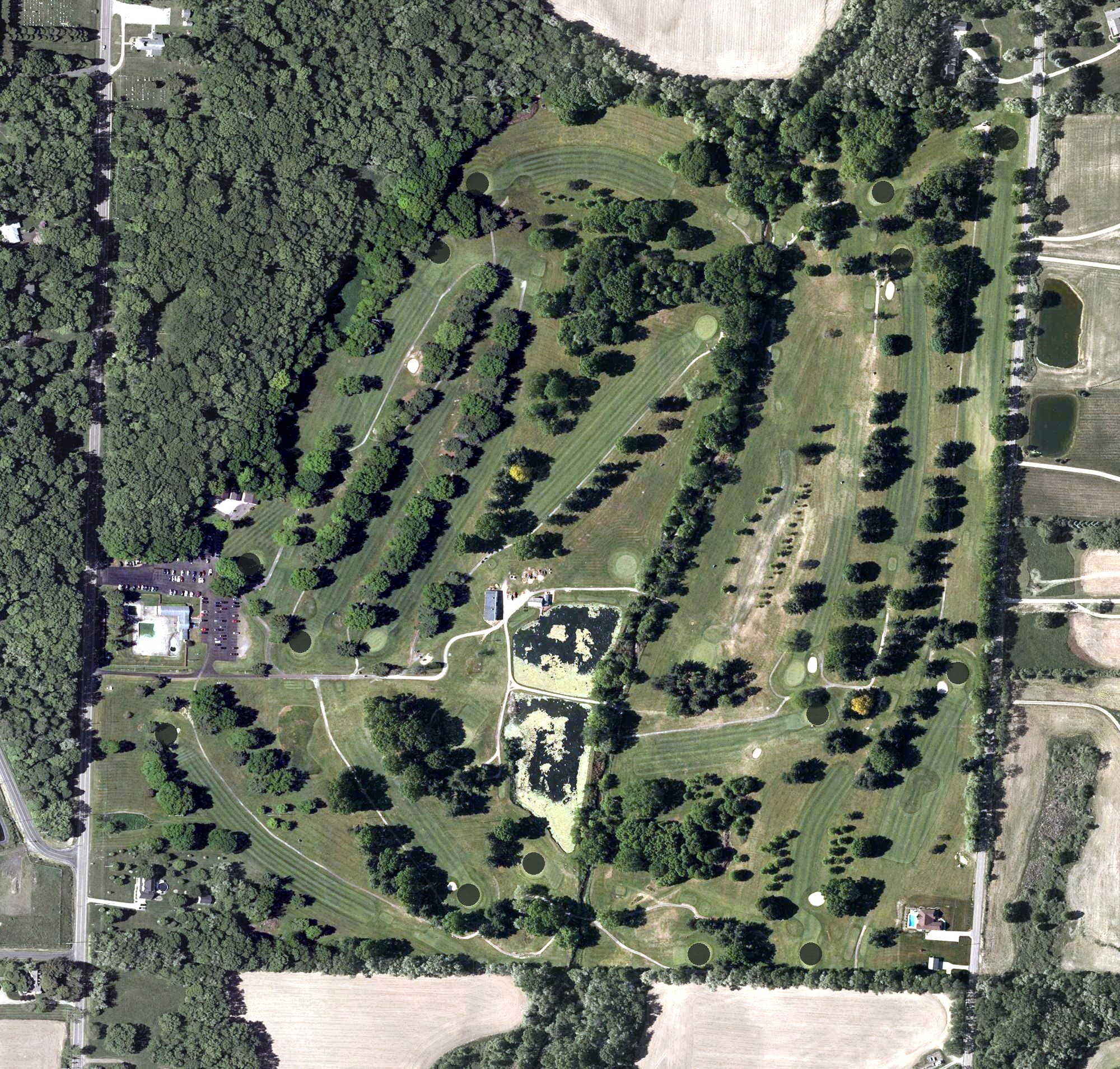 Aerial view of Spring Hills Golf Club, OH, with its hole routing marked