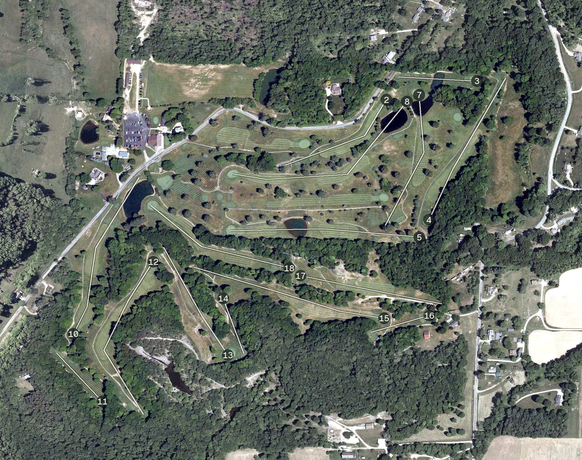 Aerial view of Spring Valley Golf Course, OH, with its hole routing marked
