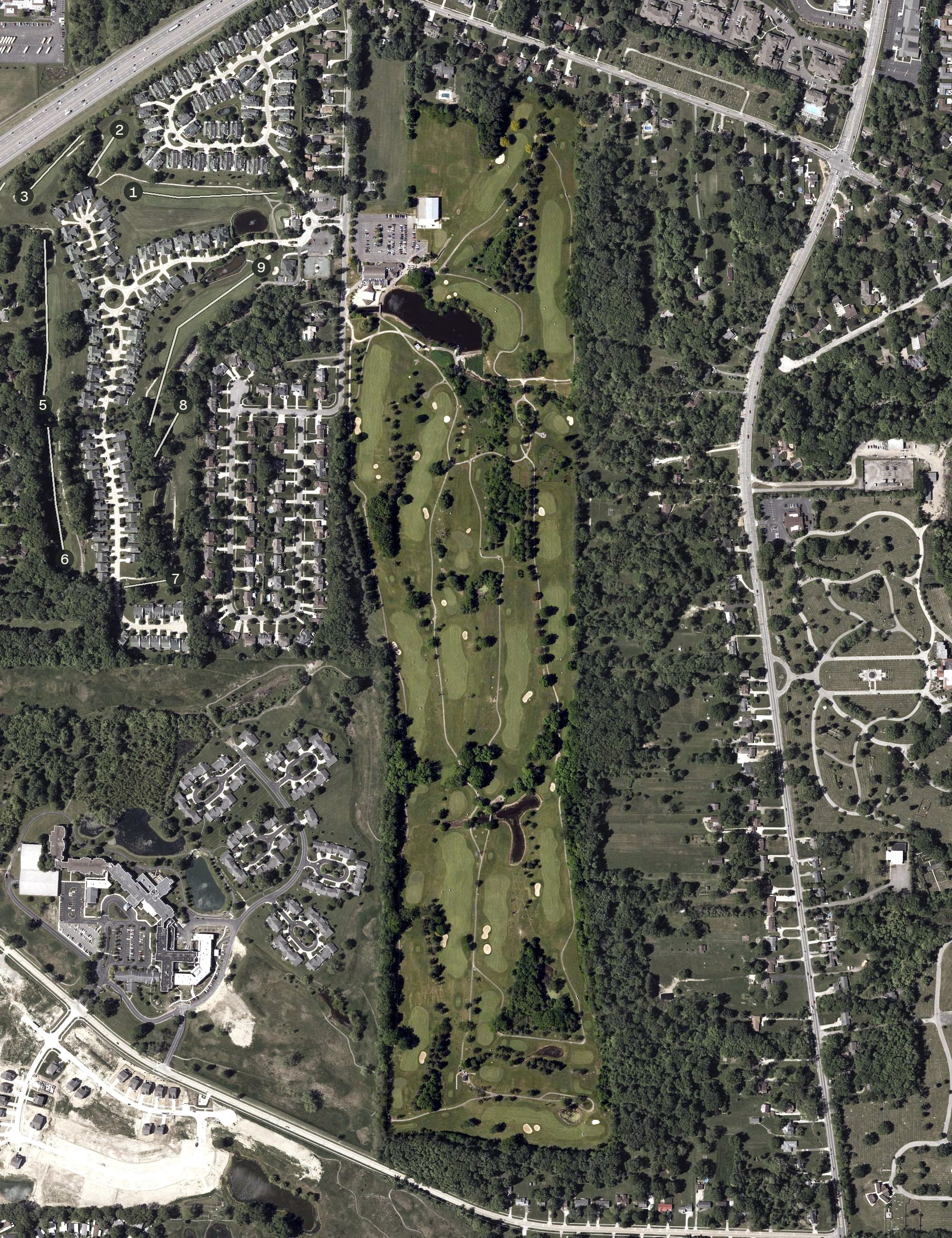 Aerial view of Springvale Golf Course, OH, with its hole routing marked