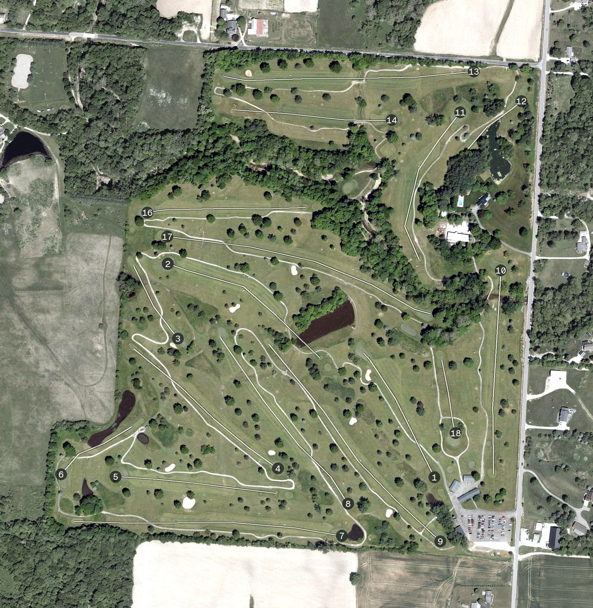 Aerial view of St Alban's Golf Course, OH, with its hole routing marked