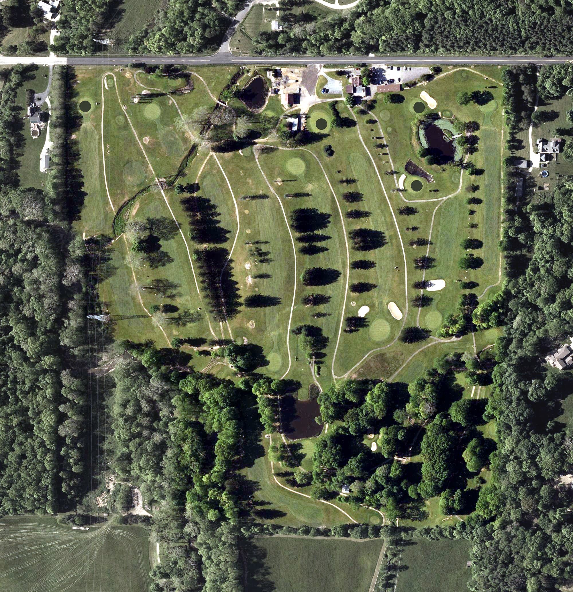 Aerial view of St. Bernard Golf Club, OH, with its hole routing marked