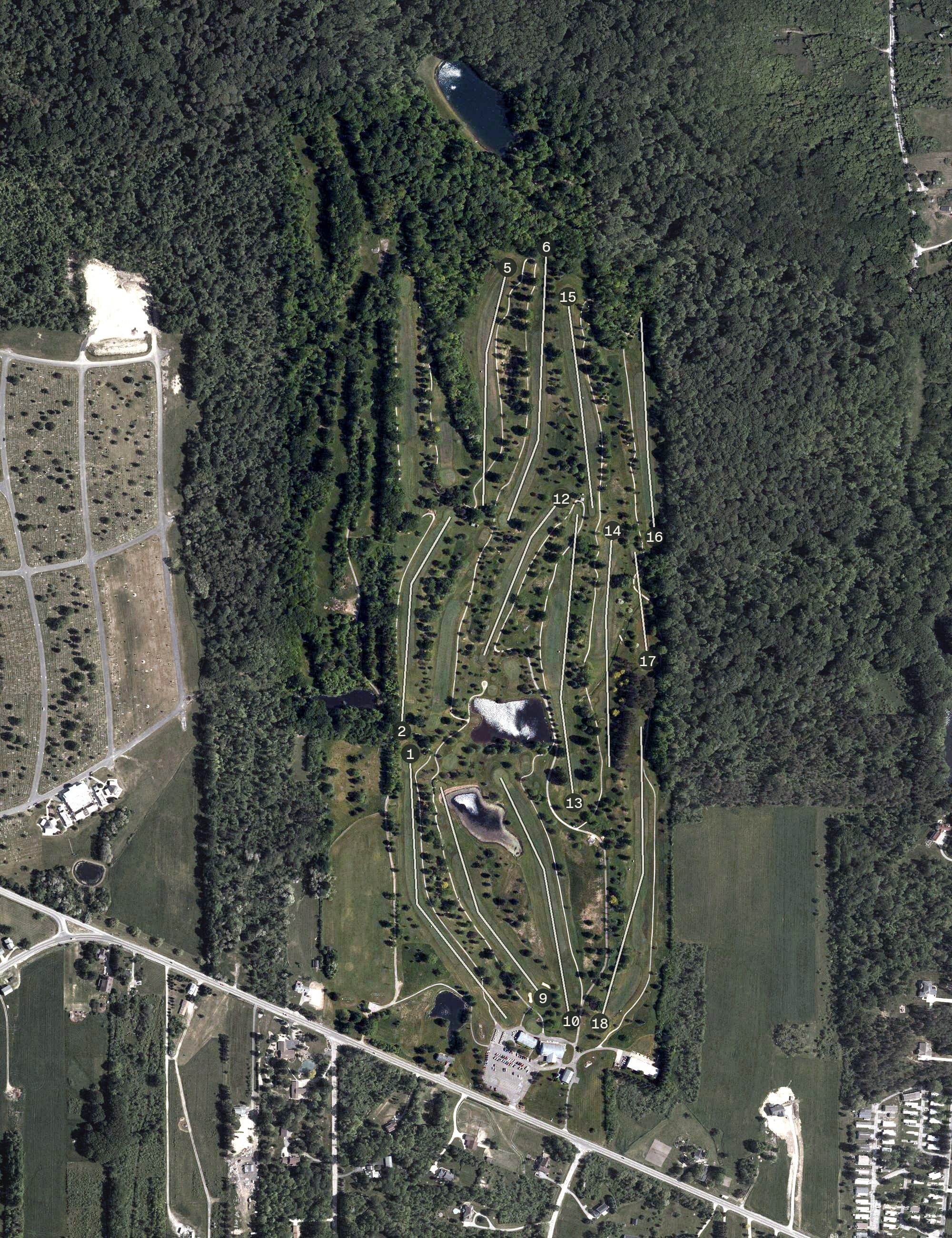 Aerial view of St. Denis Golf Course, OH, with its hole routing marked