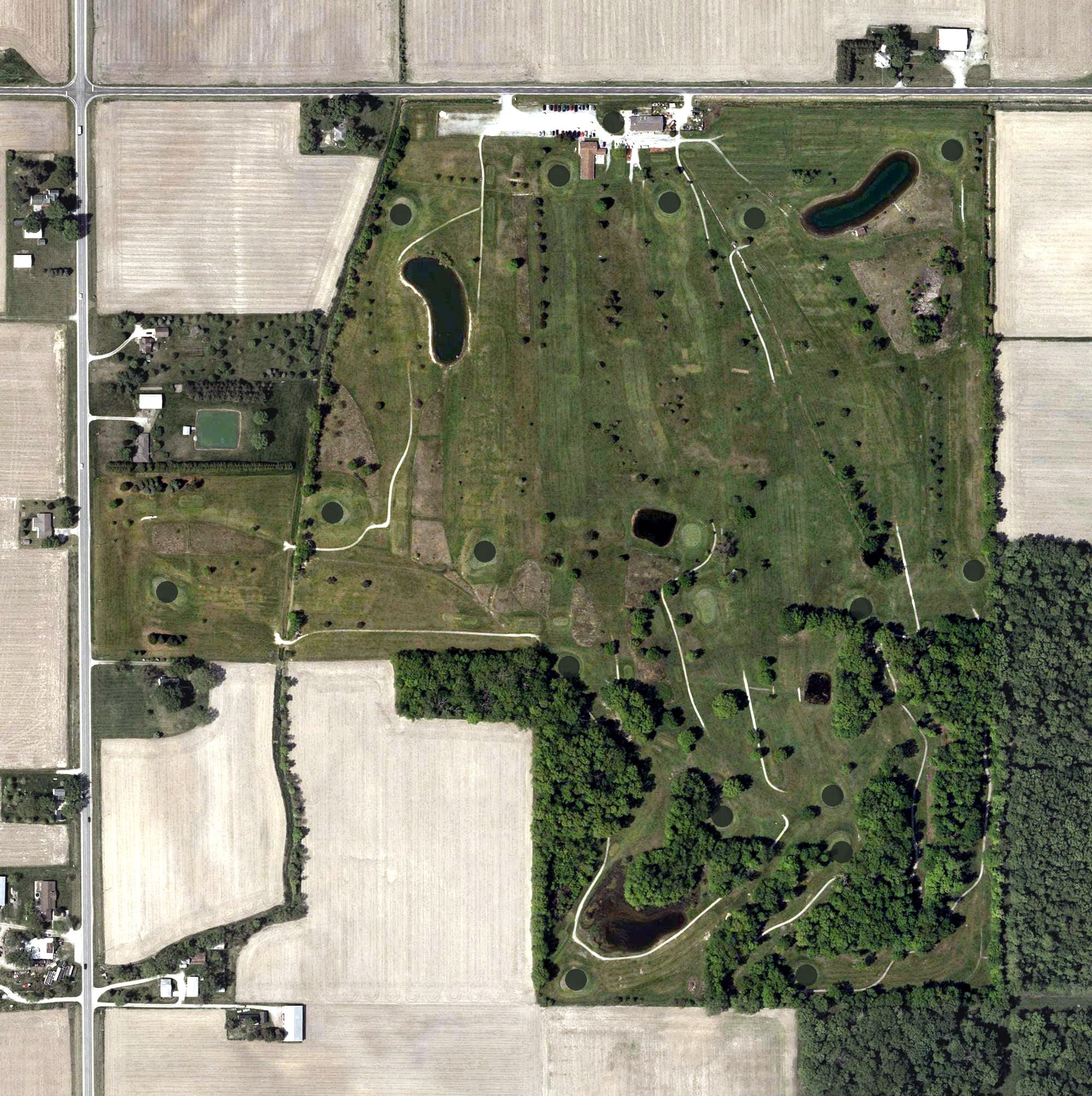Aerial view of St. Mike's Golf Course, OH, with its hole routing marked