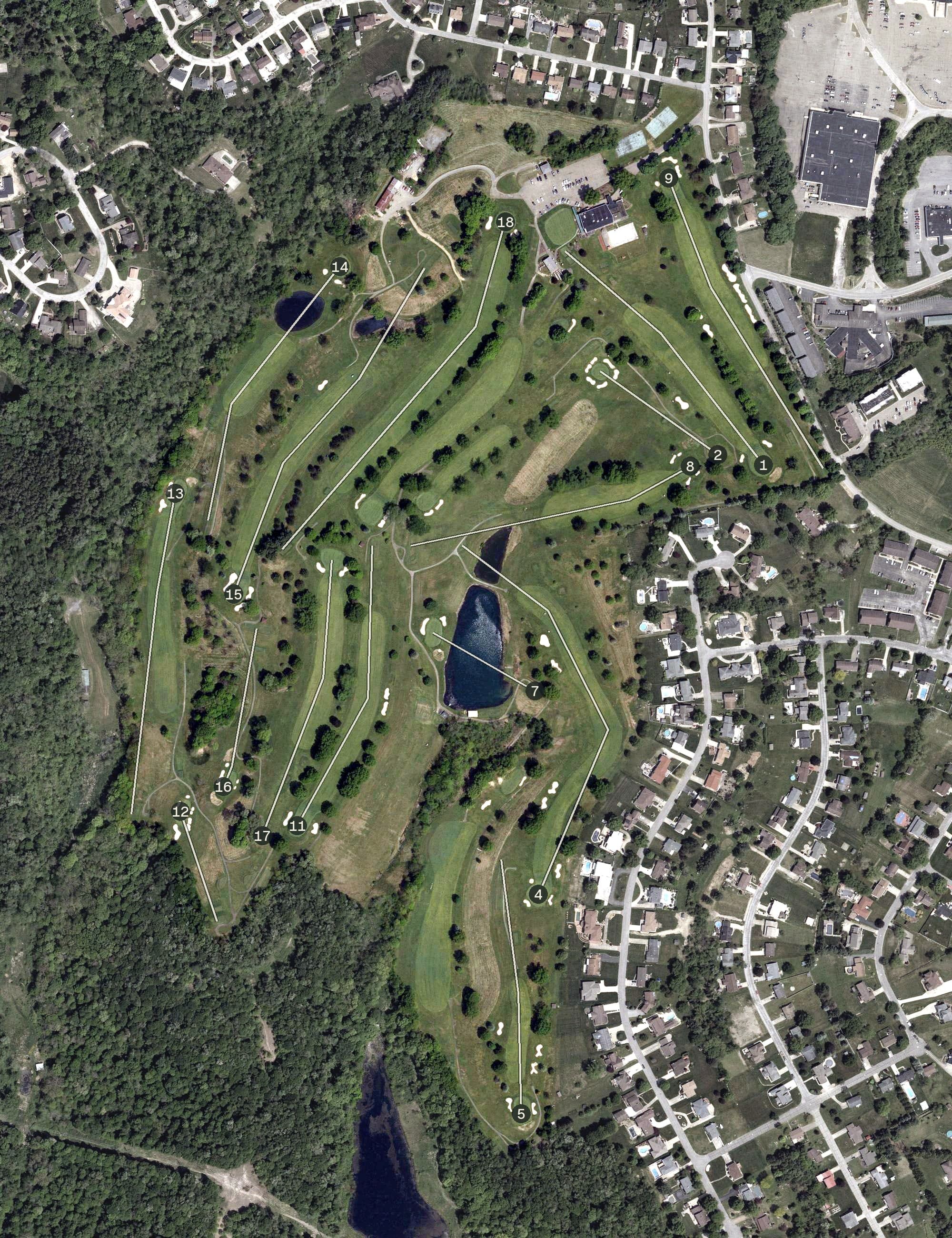 Aerial view of Steubenville Country Club, OH, with its hole routing marked