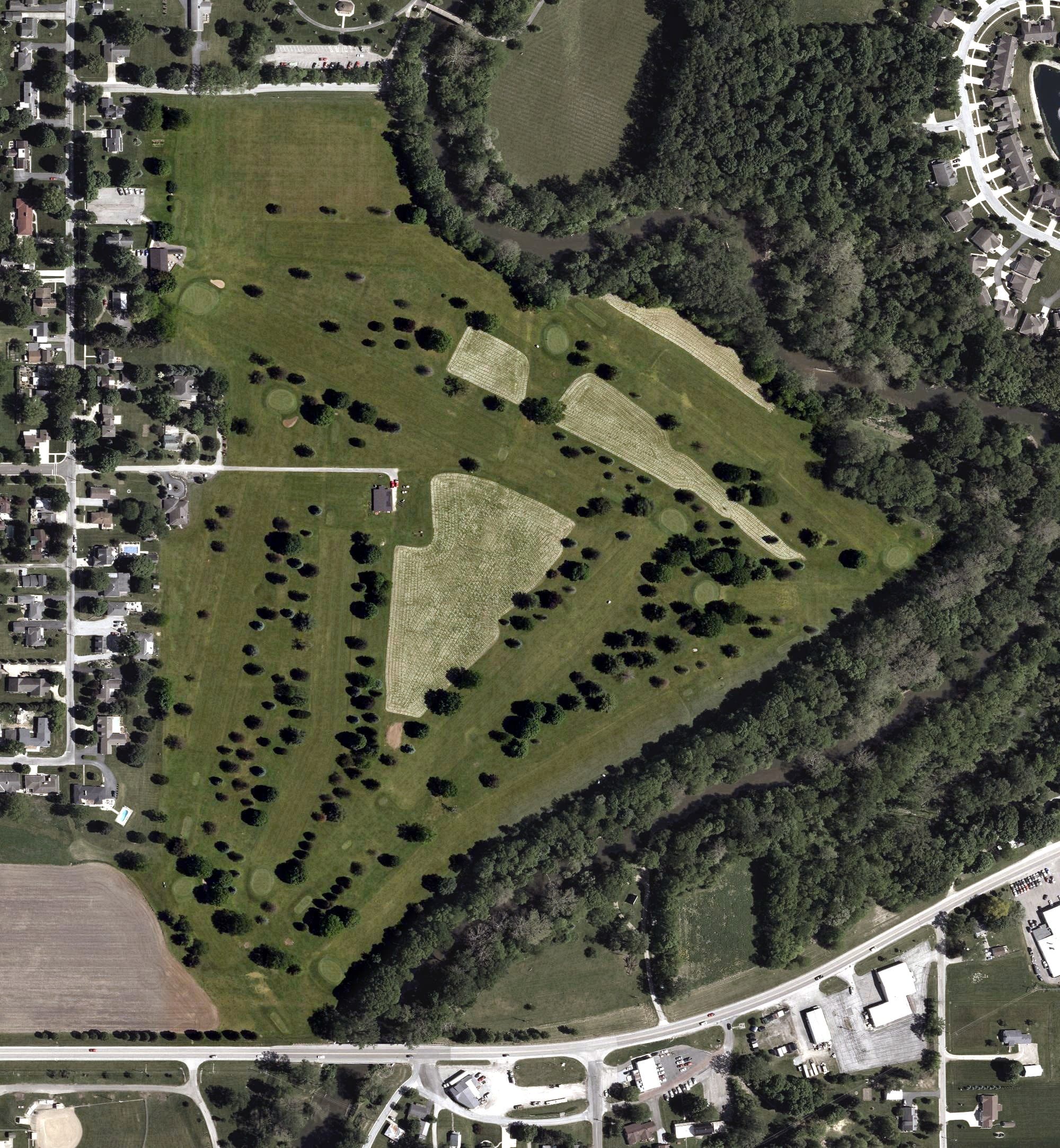 Aerial view of Stone Crossing Golf Club, OH, with its hole routing marked