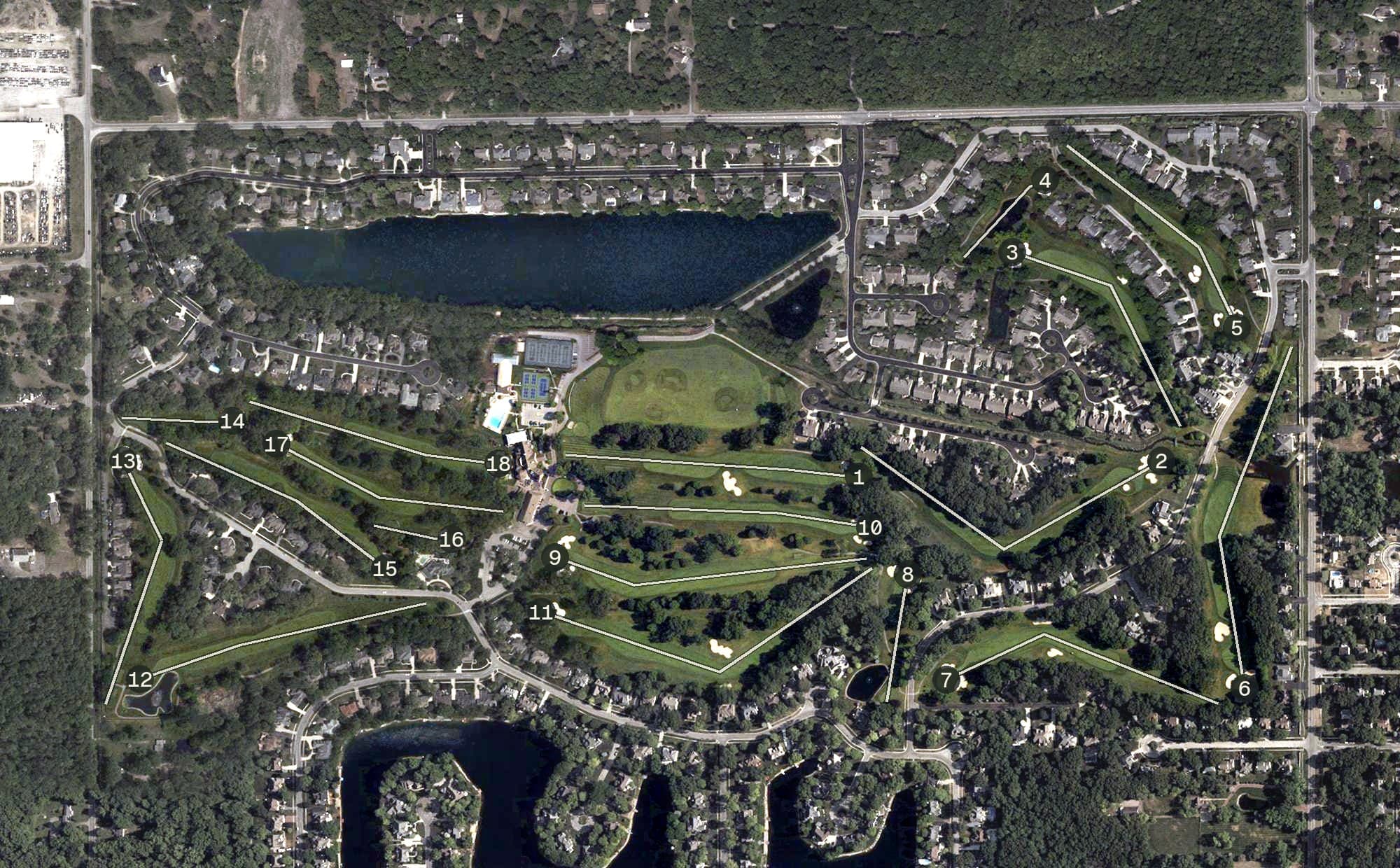 Aerial view of Stone Oak Country Club, OH, with its hole routing marked