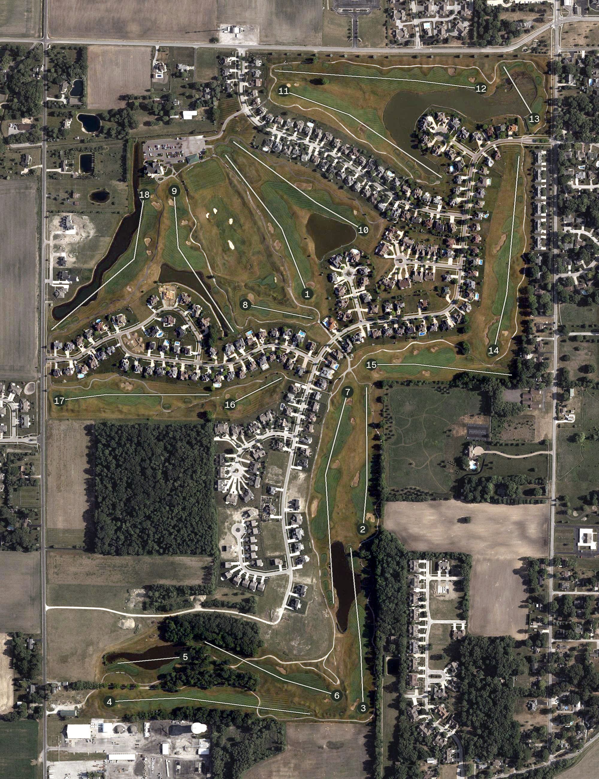 Aerial view of Stone Ridge Golf Club, OH, with its hole routing marked