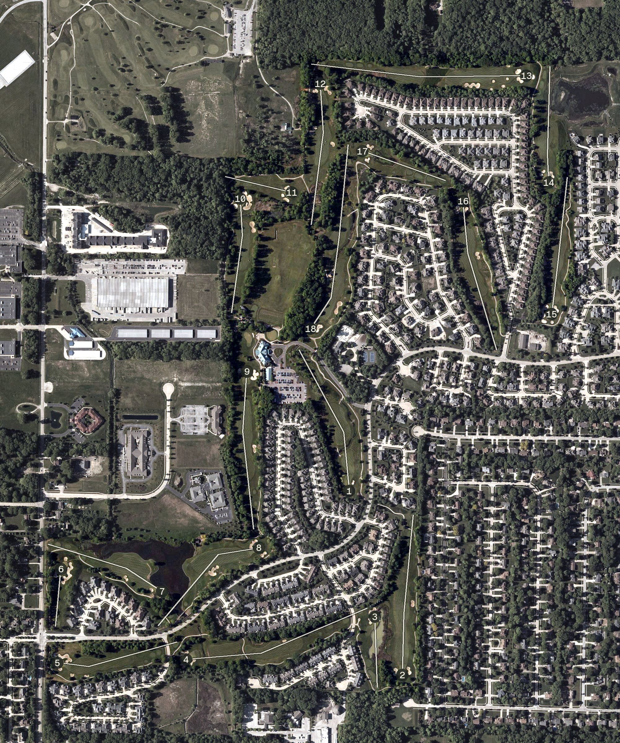 Aerial view of Stonewater Golf Club, OH, with its hole routing marked