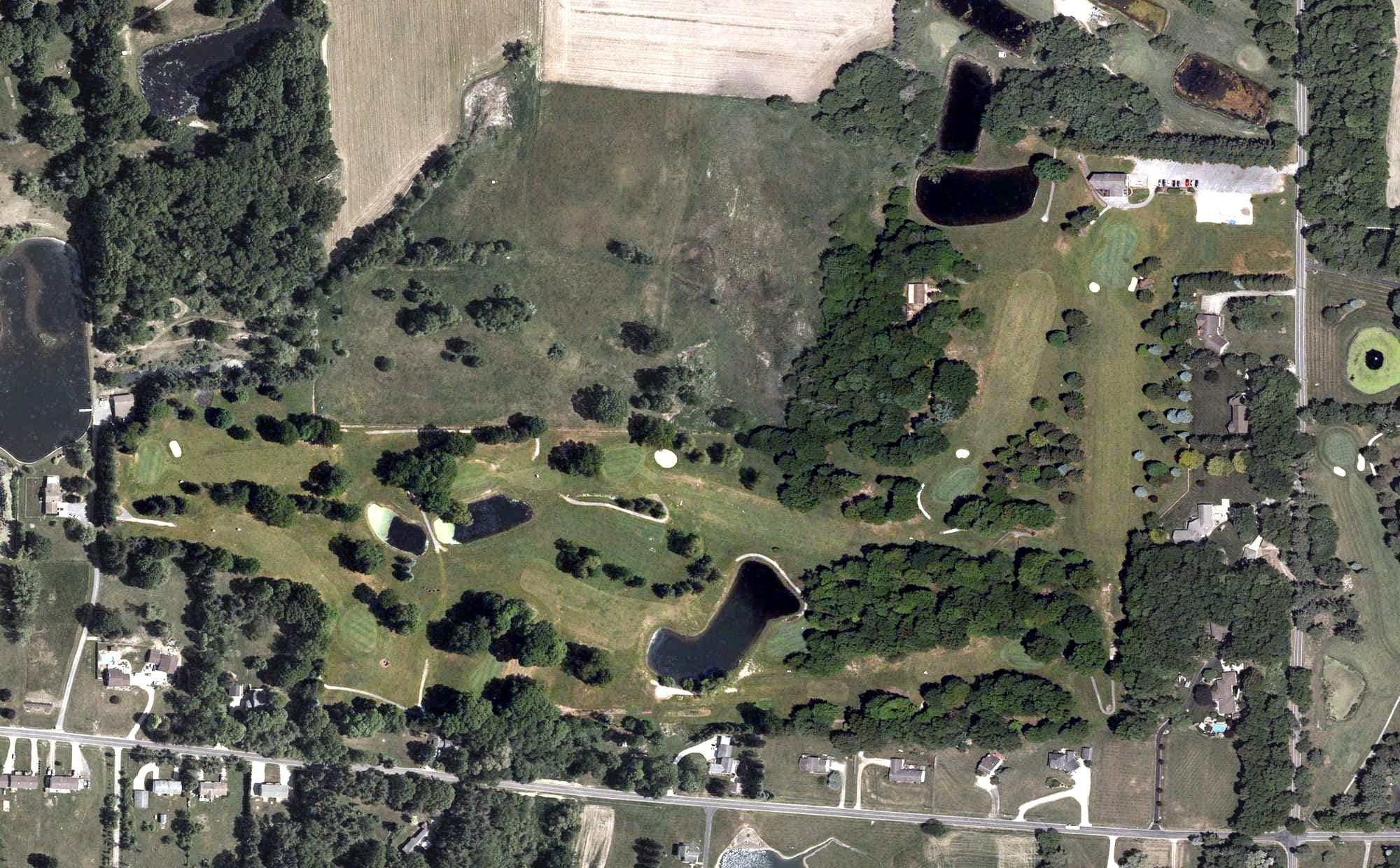 Aerial view of Suffield Springs Golf Club, OH, with its hole routing marked