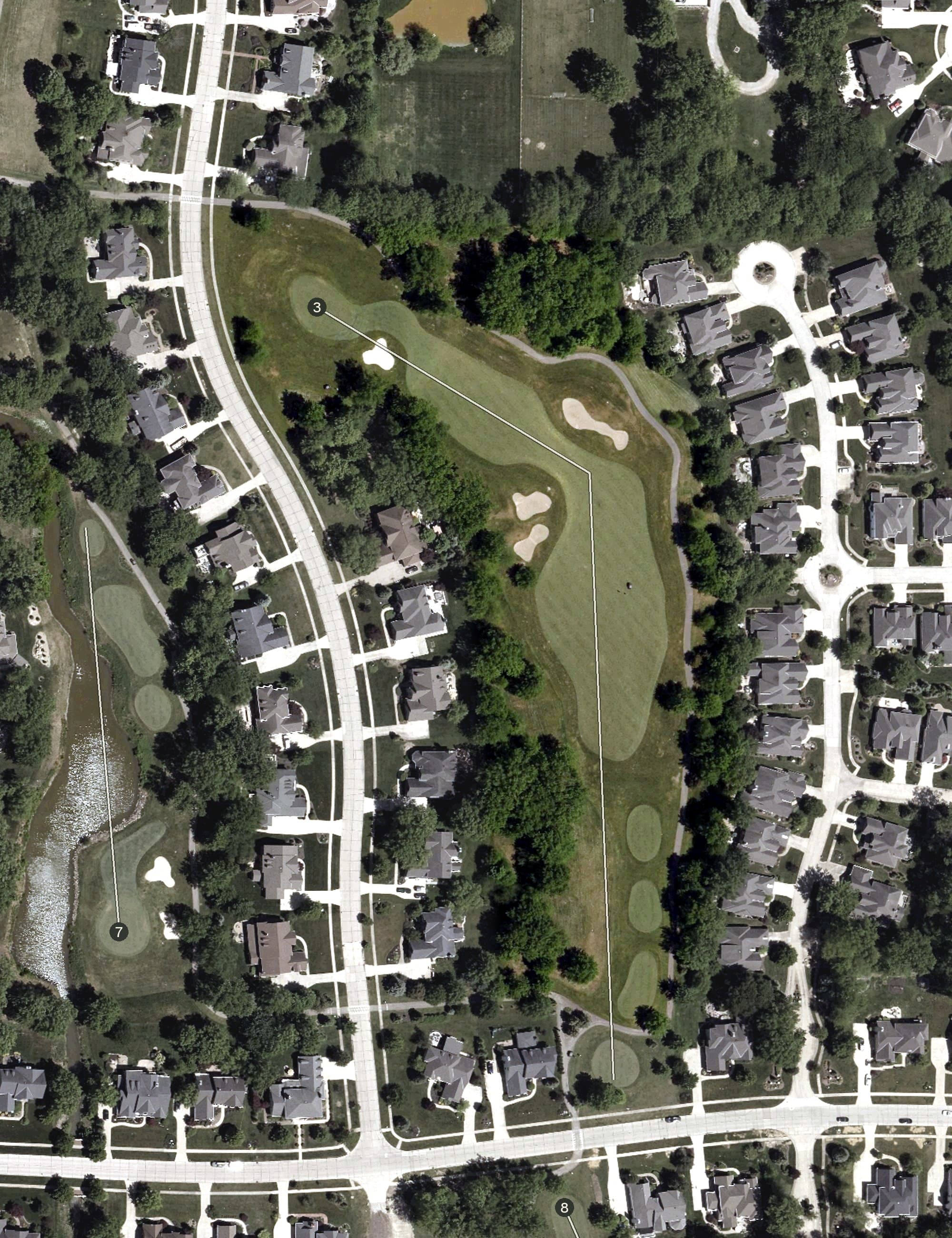 Aerial view of Sweetbriar Golf & Pro Shop, OH, with its hole routing marked