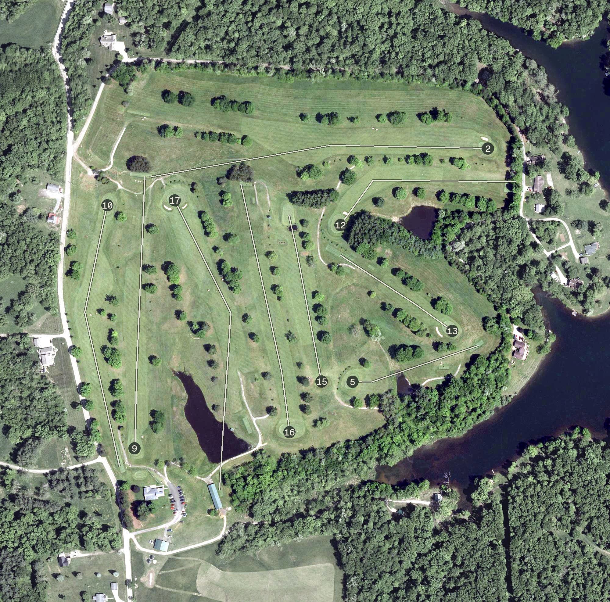 Aerial view of Switzerland of Ohio Golf Course, OH, with its hole routing marked
