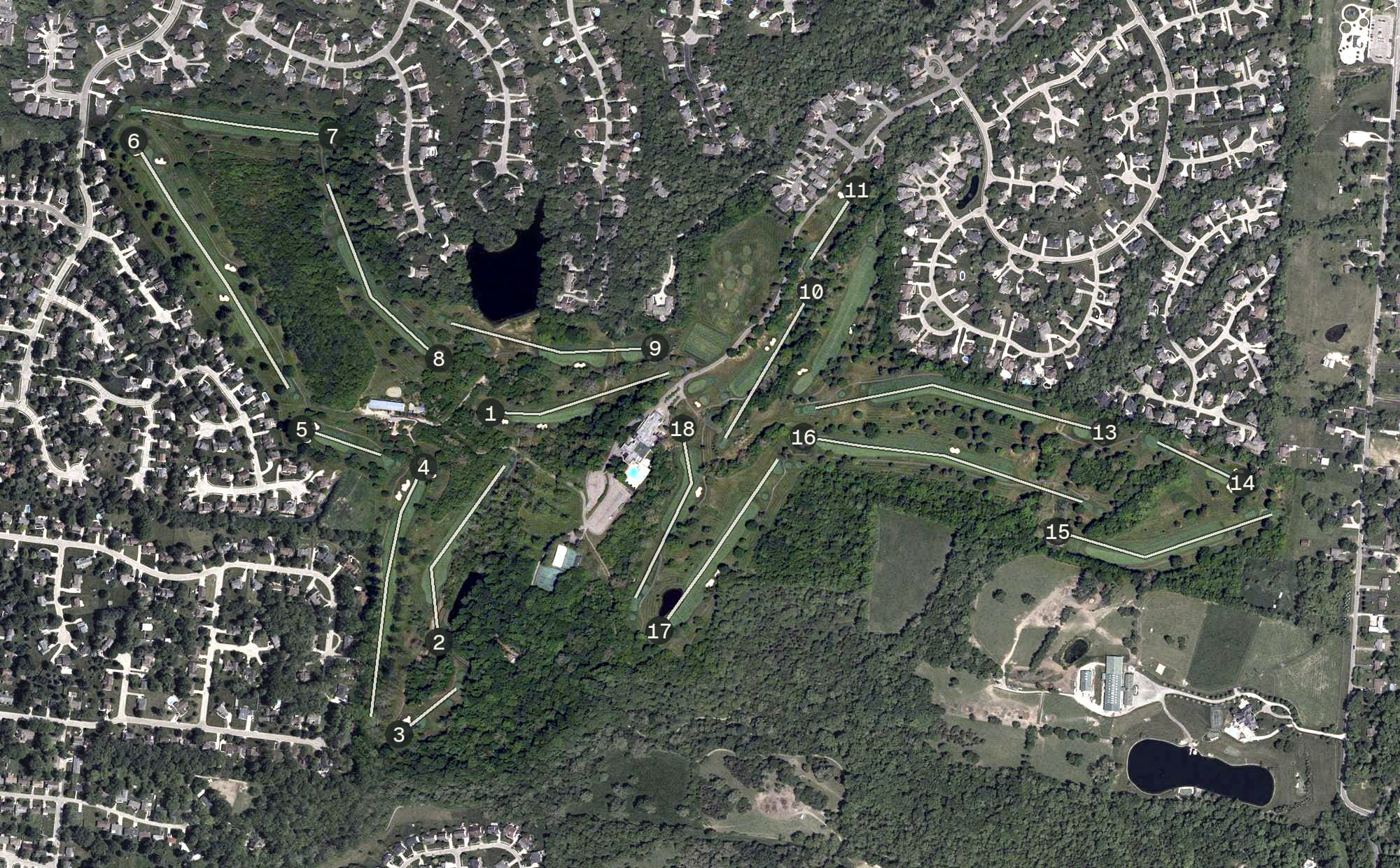 Aerial view of Sycamore Creek County Club, OH, with its hole routing marked