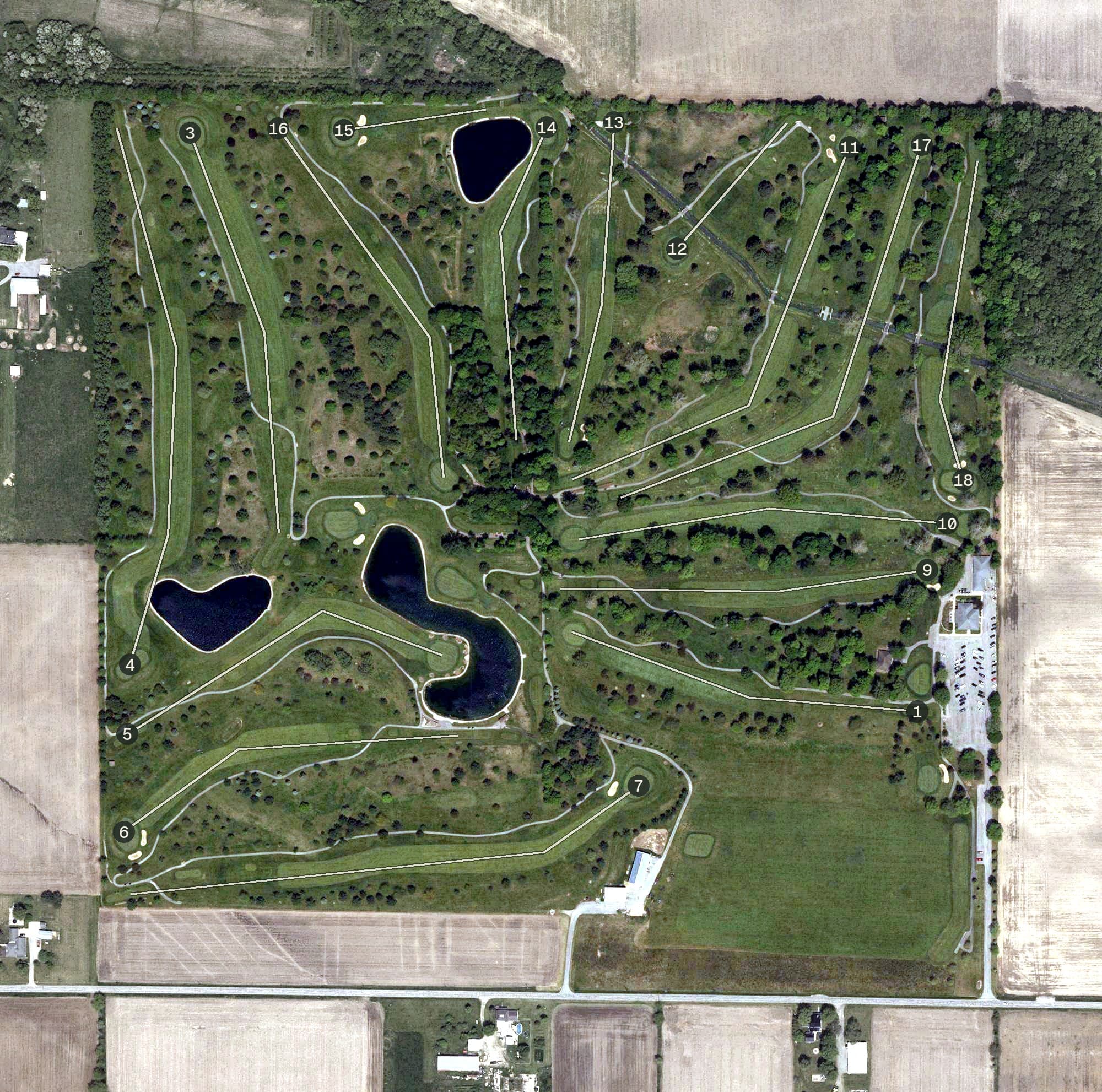 Aerial view of Sycamore Springs, OH, with its hole routing marked