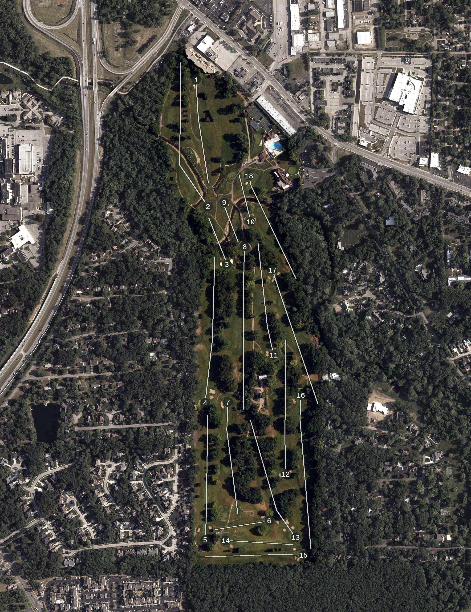 Aerial view of Sylvania Golf Club, OH, with its hole routing marked