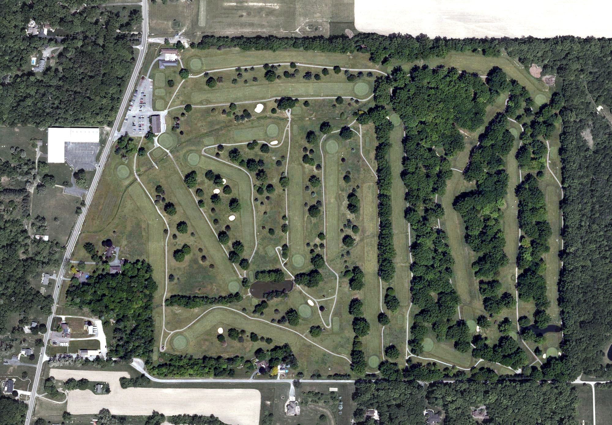 Aerial view of Tamer Win Golf & Country Club, OH, with its hole routing marked