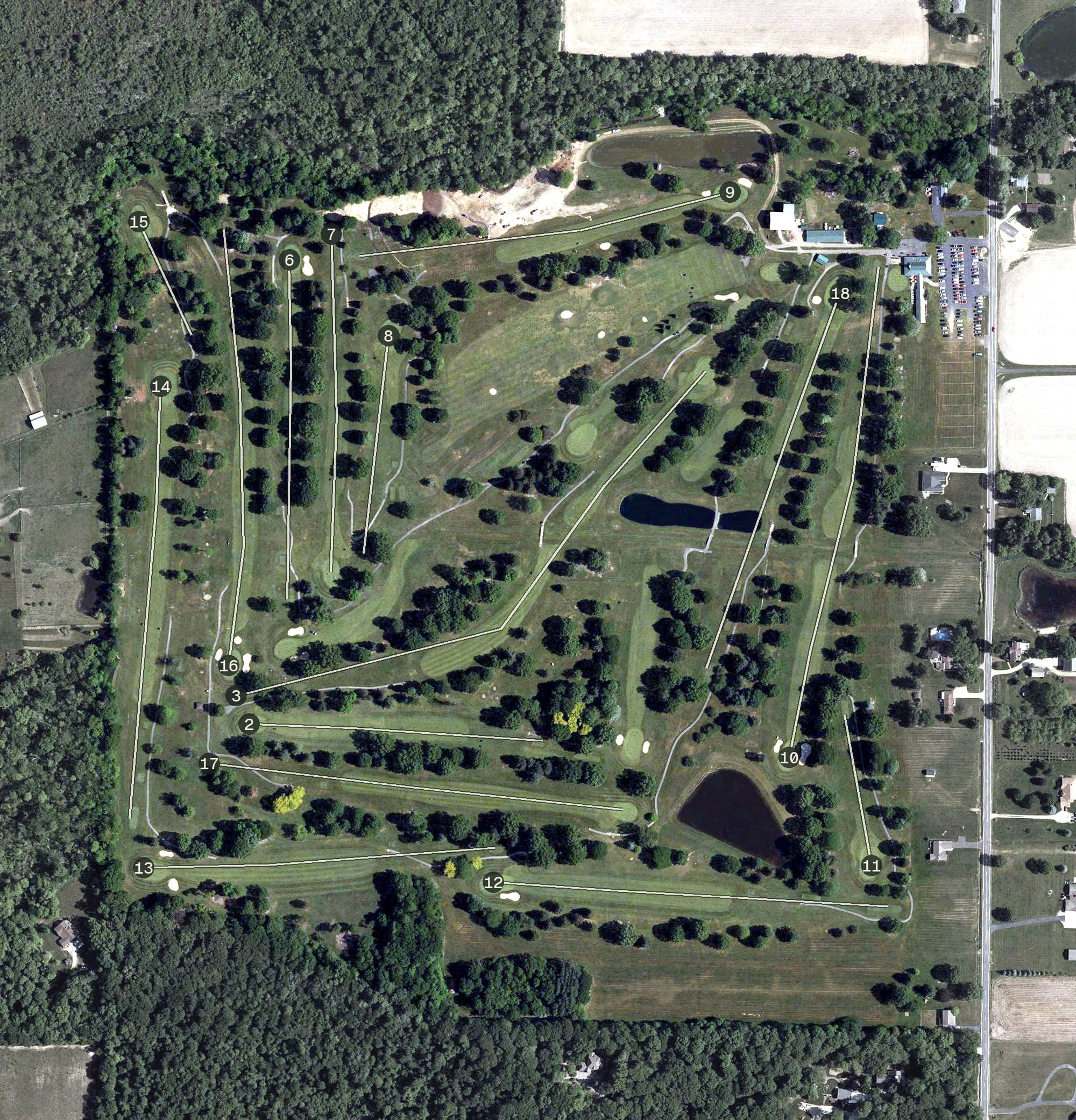 Aerial view of Tannenhauf Golf Club, OH, with its hole routing marked