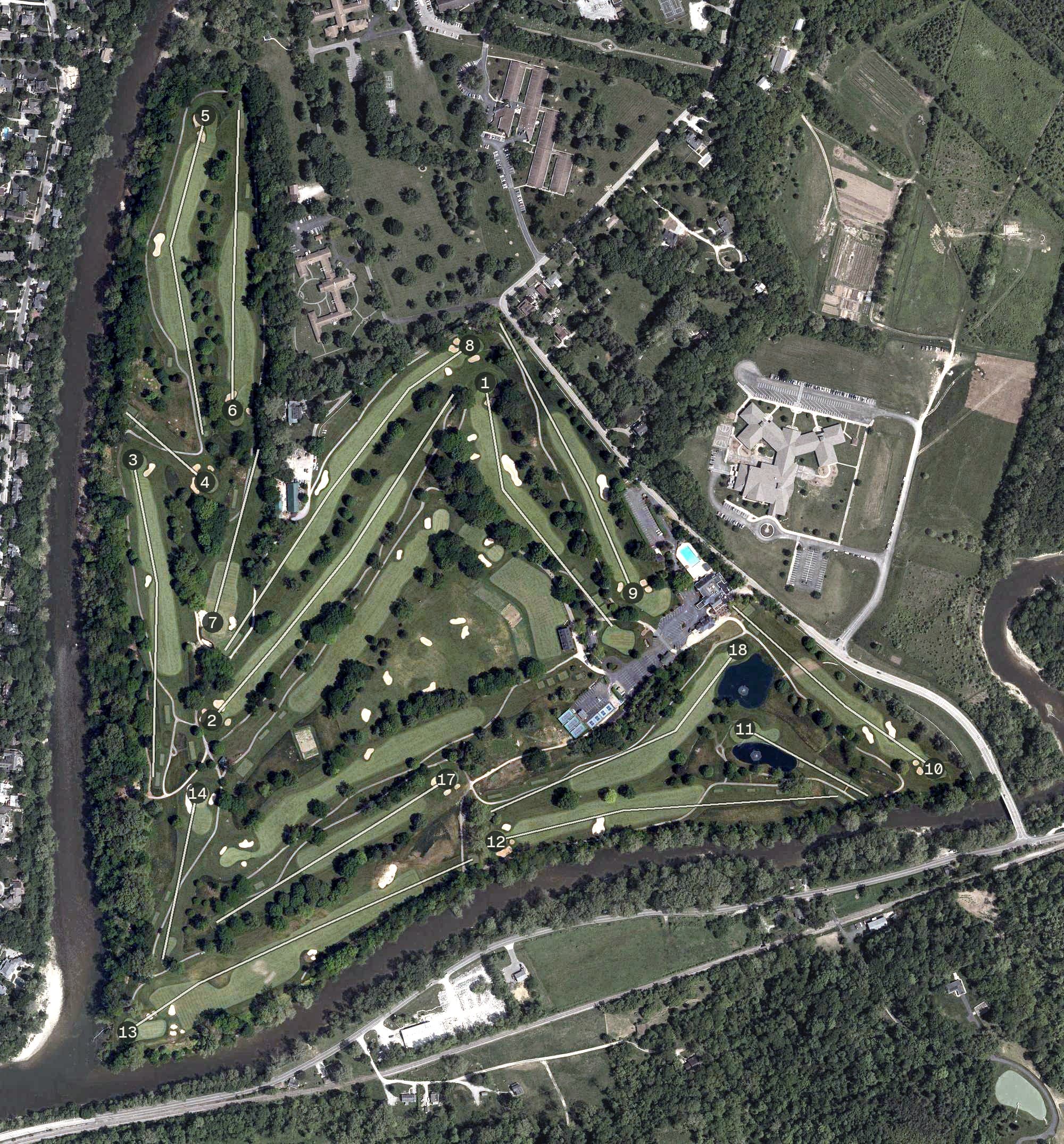 Aerial view of Terrace Park Country Club, OH, with its hole routing marked