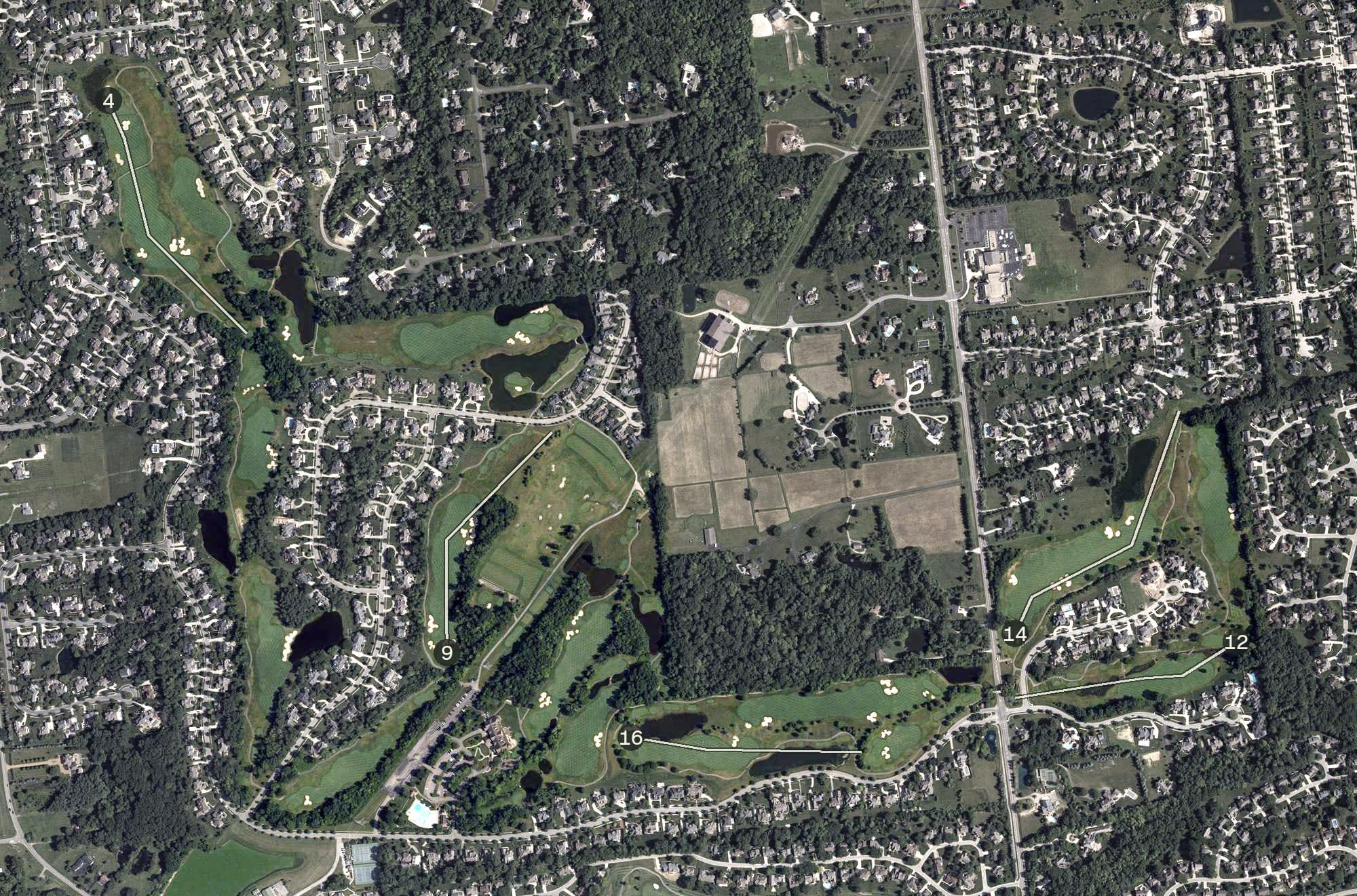 Aerial view of The Club at Tartan Fields, OH, with its hole routing marked