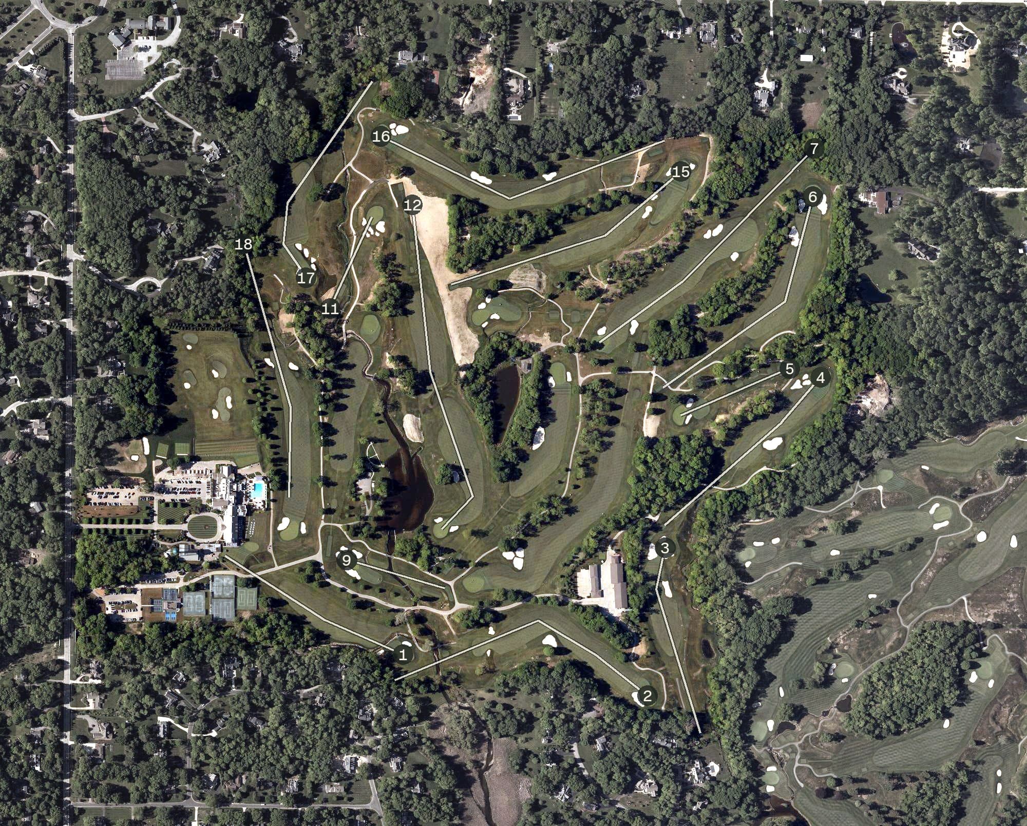Aerial view of The Country Club, OH, with its hole routing marked