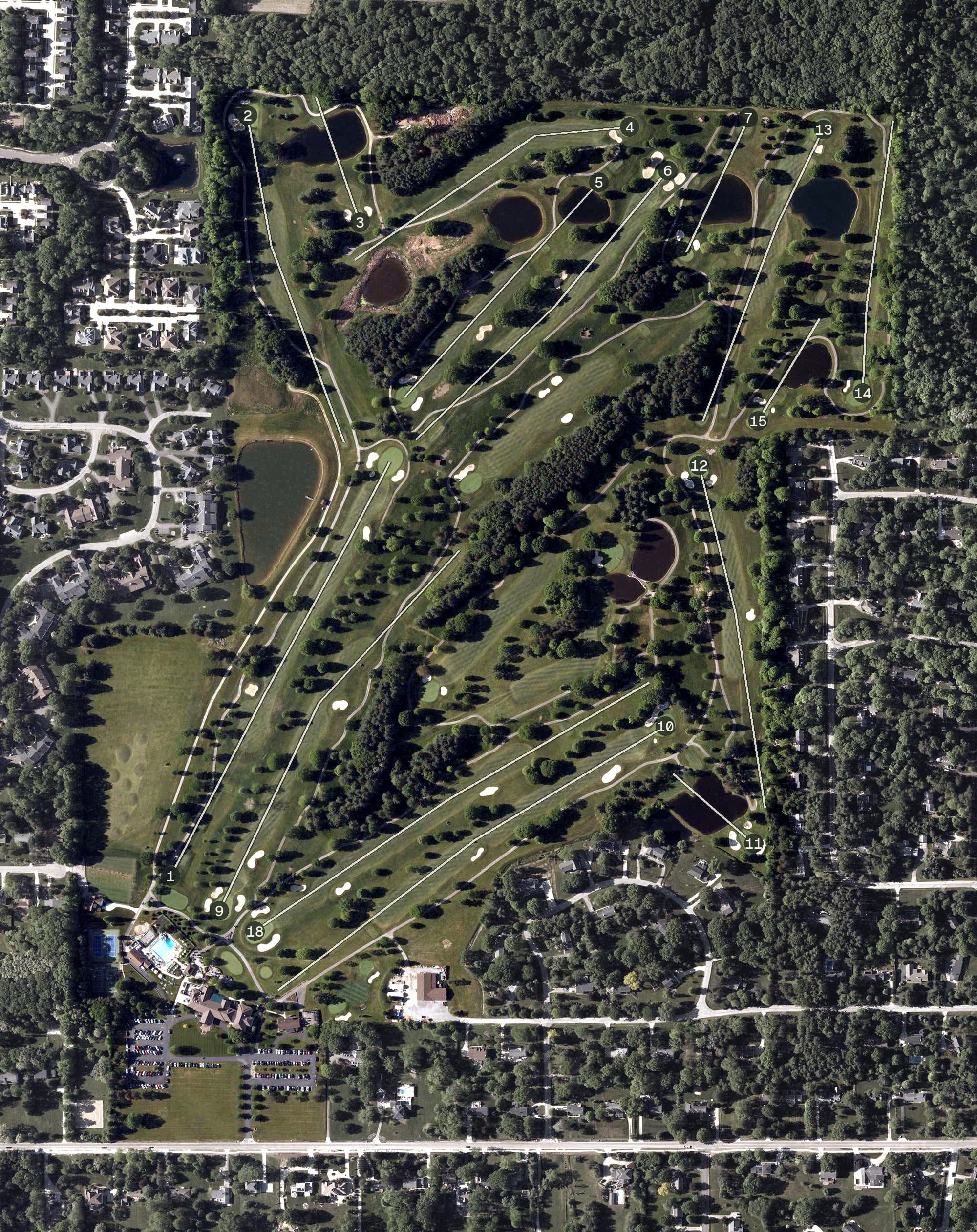Aerial view of The County Club of Hudson, OH, with its hole routing marked