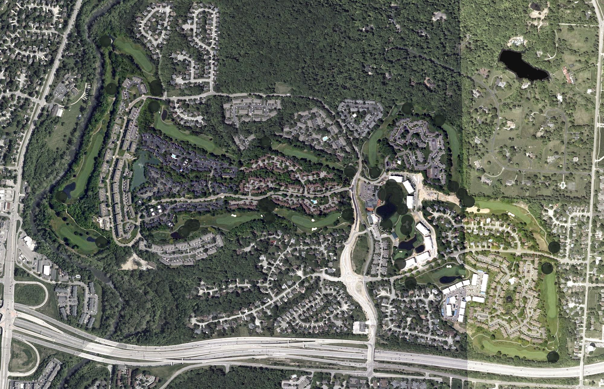Aerial view of The Golf Club at Little Turtle, OH, with its hole routing marked