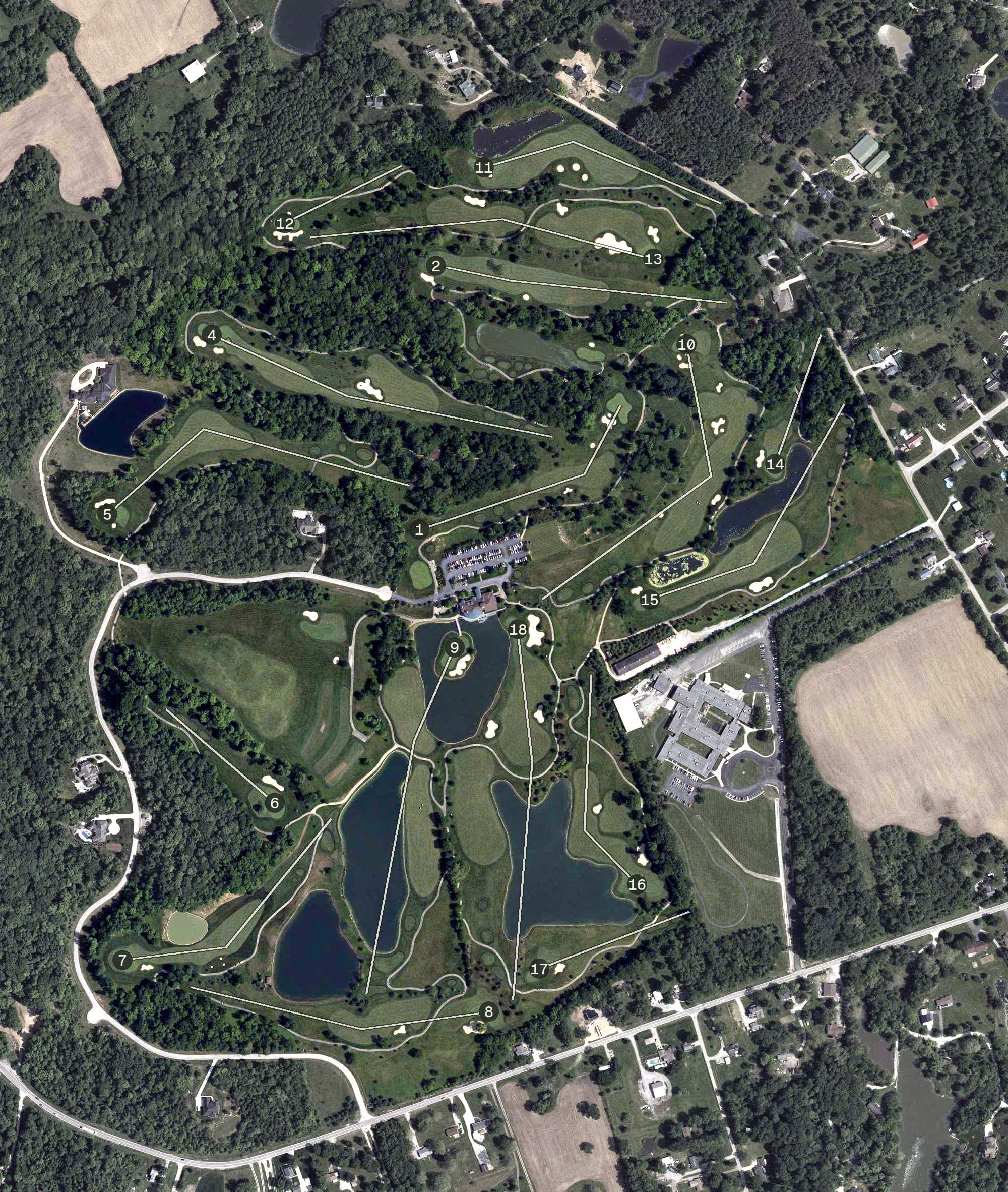 Aerial view of The Golf Club at Stonelick Hills, OH, with its hole routing marked