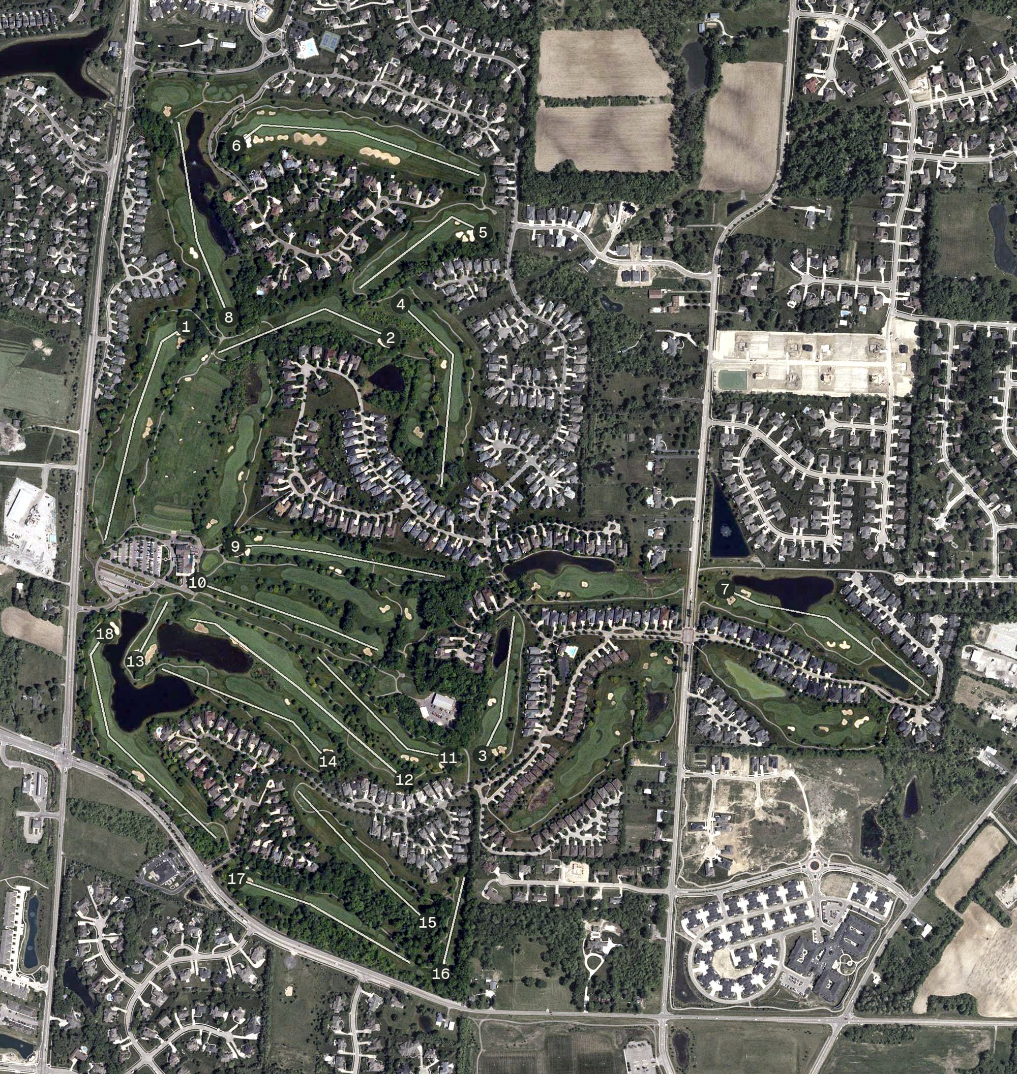 Aerial view of The Golf Club at Yankee Trace, OH, with its hole routing marked