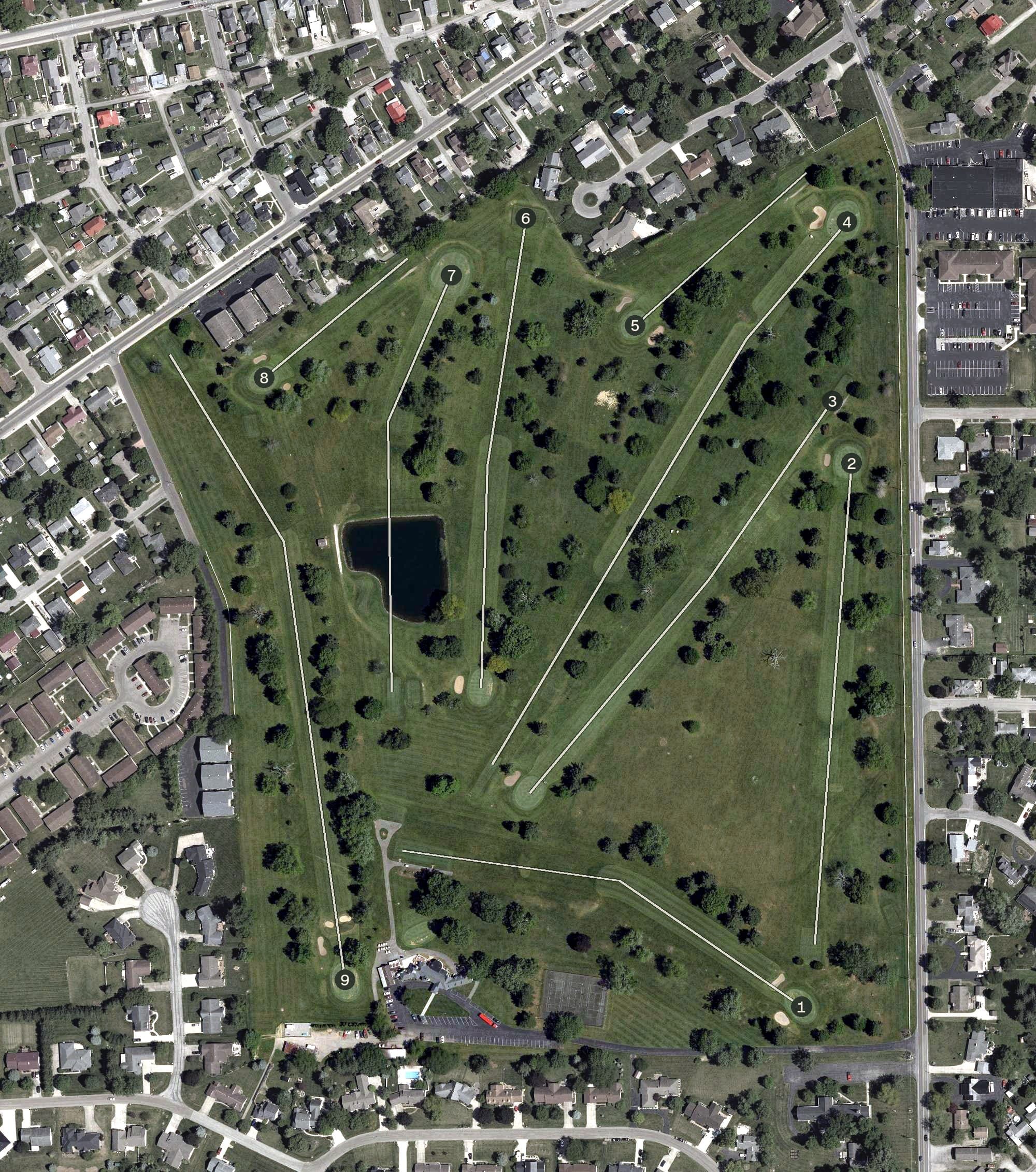 Aerial view of The Greens Golf Course, OH, with its hole routing marked