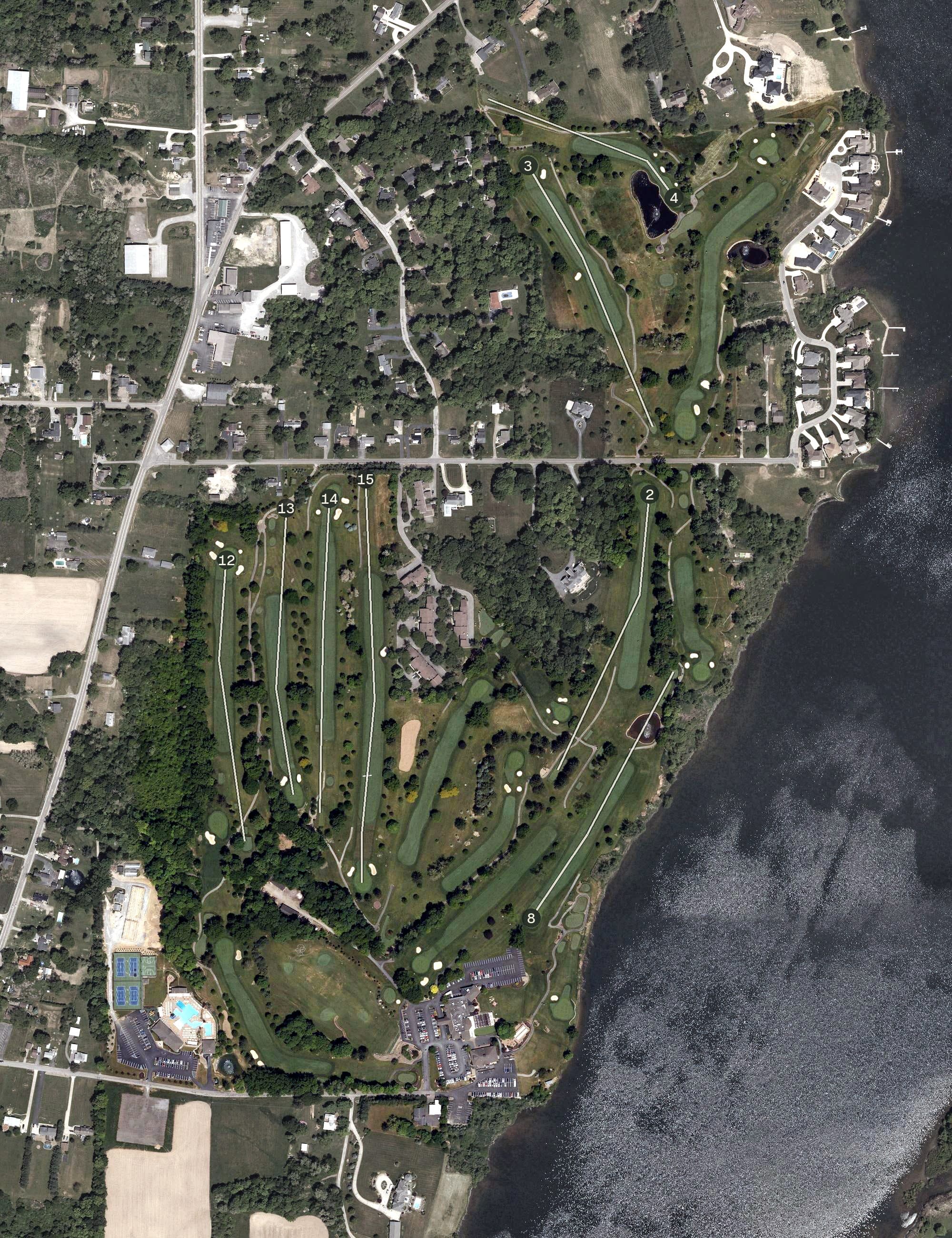 Aerial view of The Lake Club, OH, with its hole routing marked