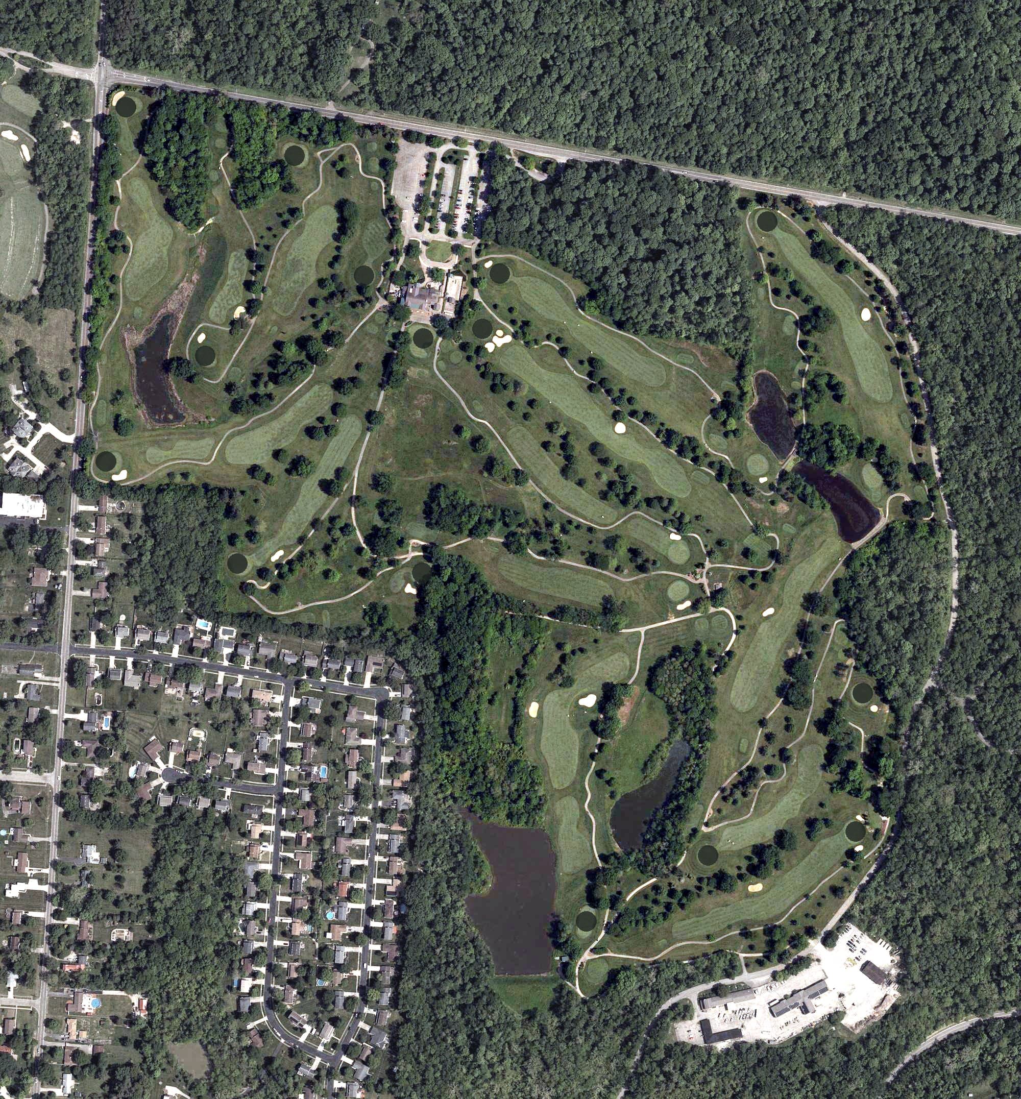 Aerial view of The Mill Course, OH, with its hole routing marked