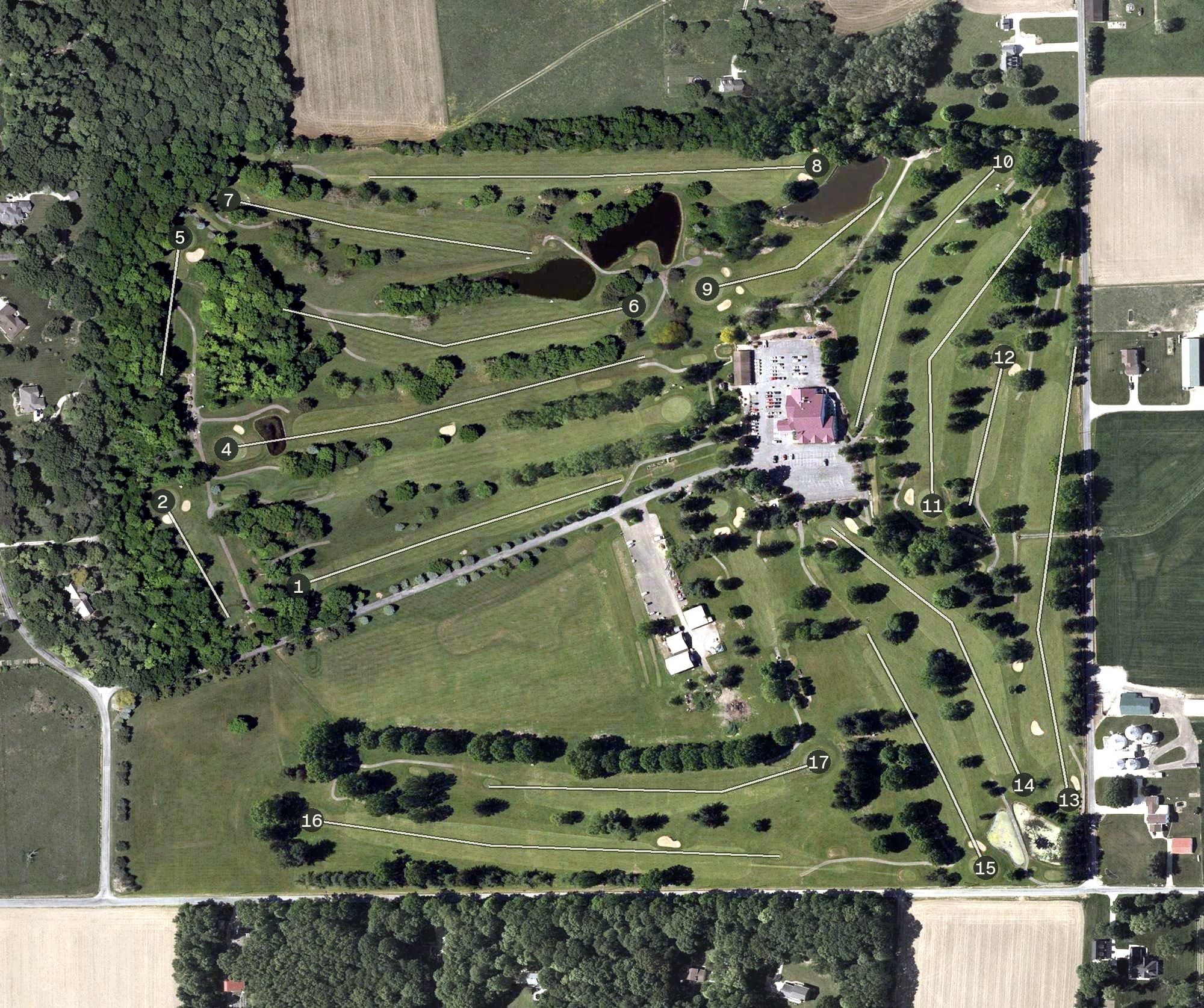 Aerial view of The Pines Golf Club, OH, with its hole routing marked