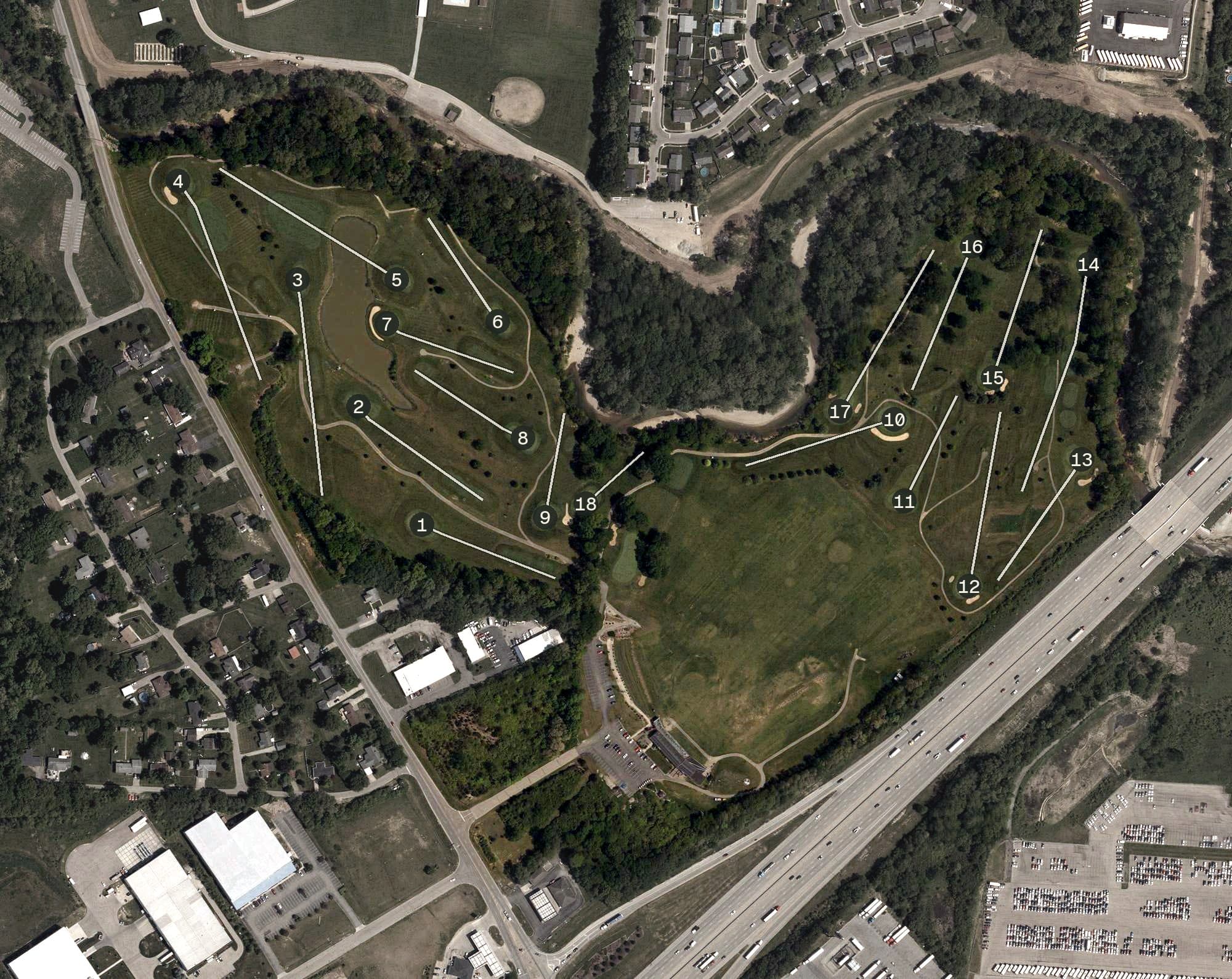 Aerial view of The Practice Center - Clear Creek, OH, with its hole routing marked