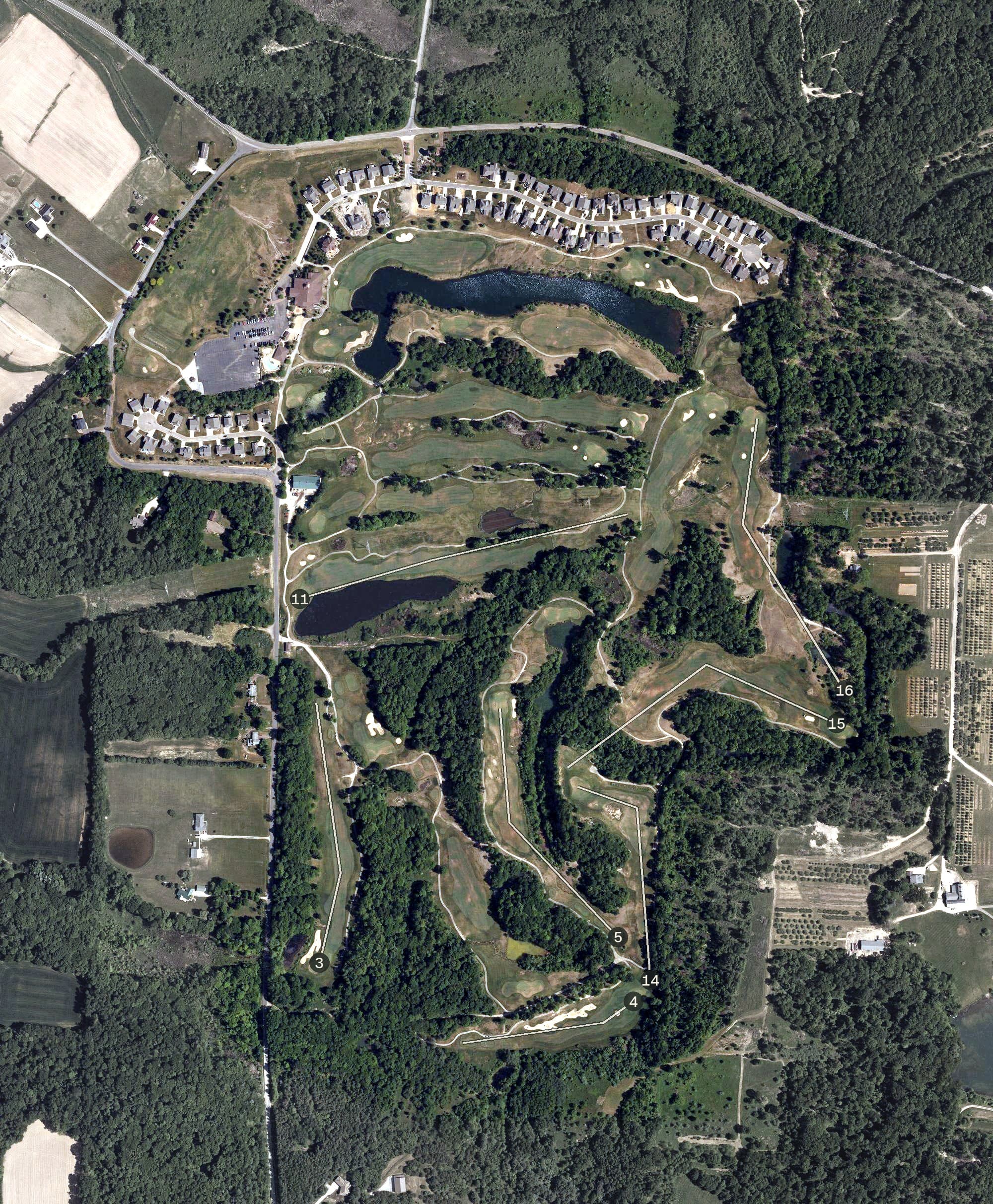Aerial view of The Quarry Golf Club, OH, with its hole routing marked