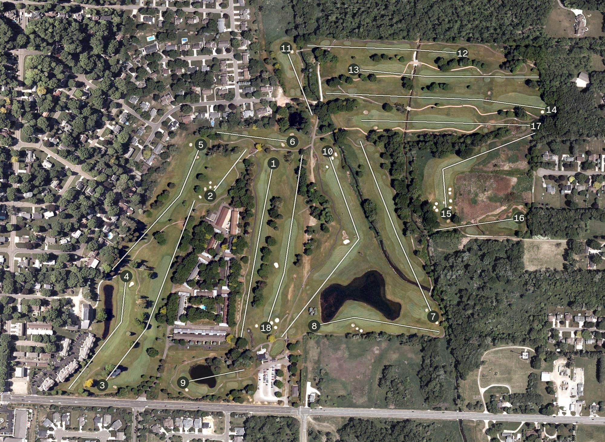 Aerial view of The Sanctuary Golf Club, OH, with its hole routing marked