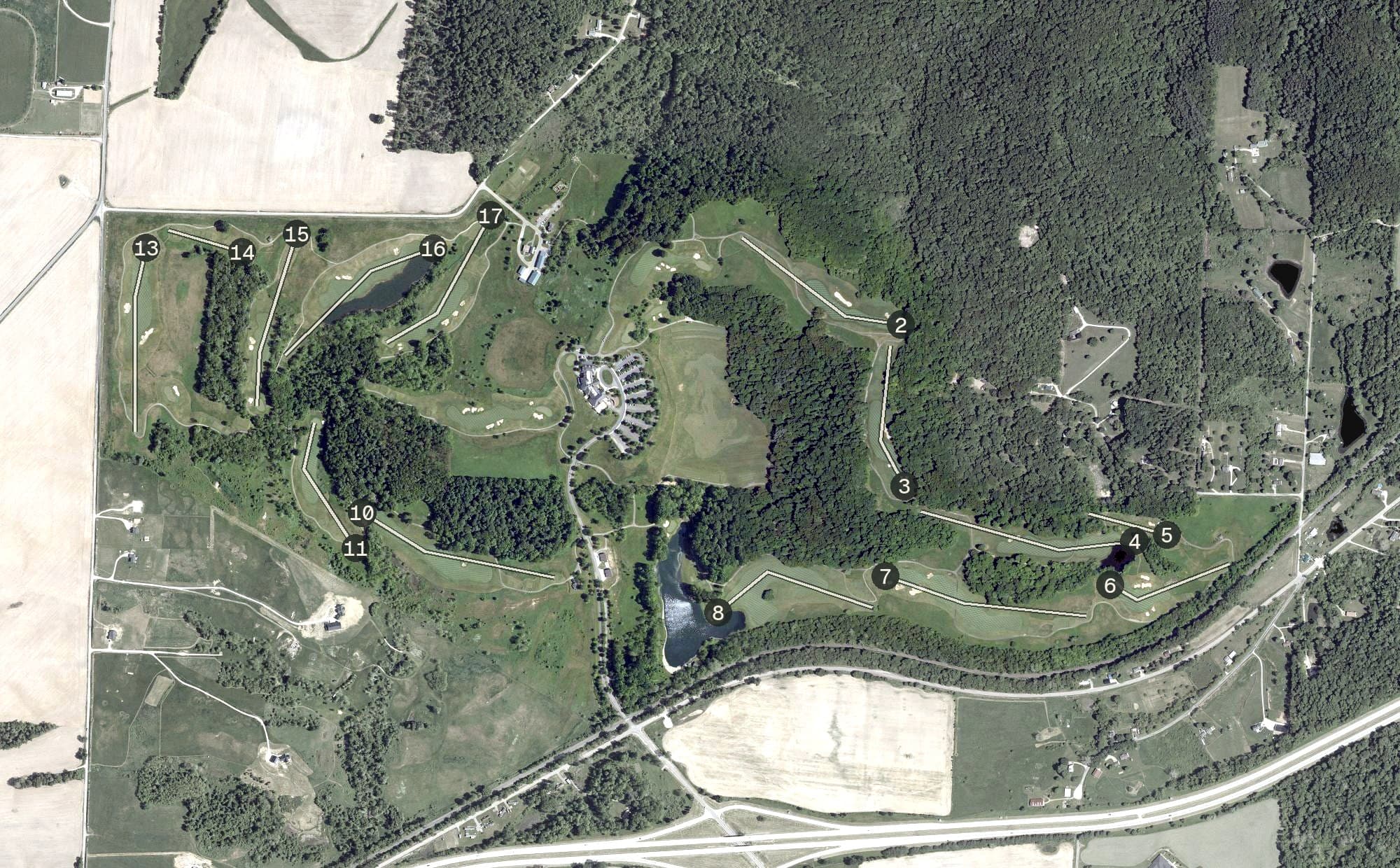 Aerial view of The Virtues Golf Club, OH, with its hole routing marked