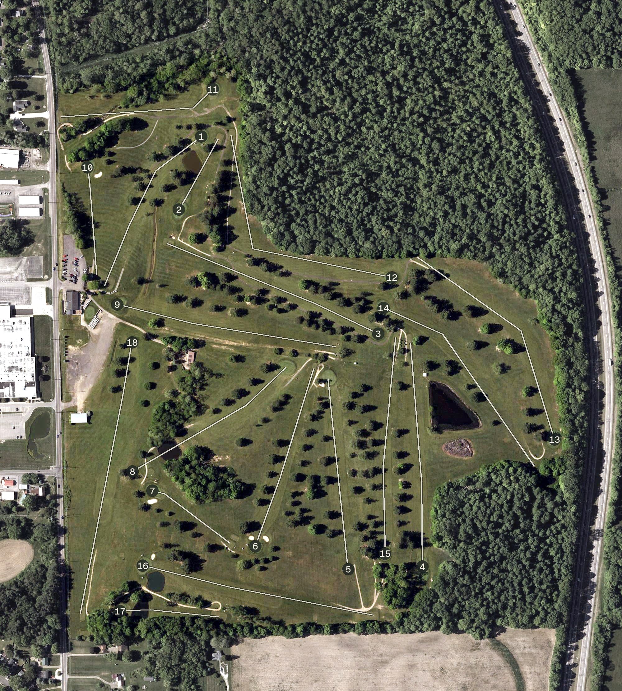 Aerial view of The Woods at Possum Run, OH, with its hole routing marked
