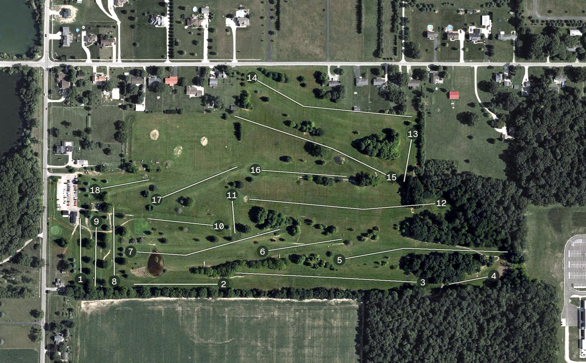 Aerial view of Three Sticks Golf Club, OH, with its hole routing marked