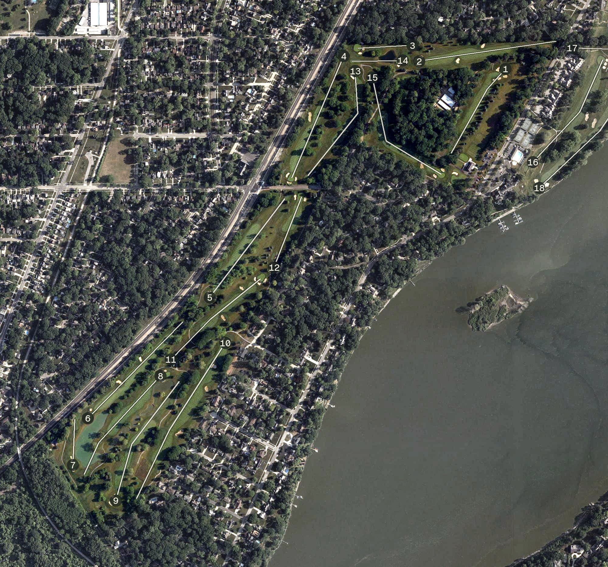Aerial view of Toledo Country Club, OH, with its hole routing marked
