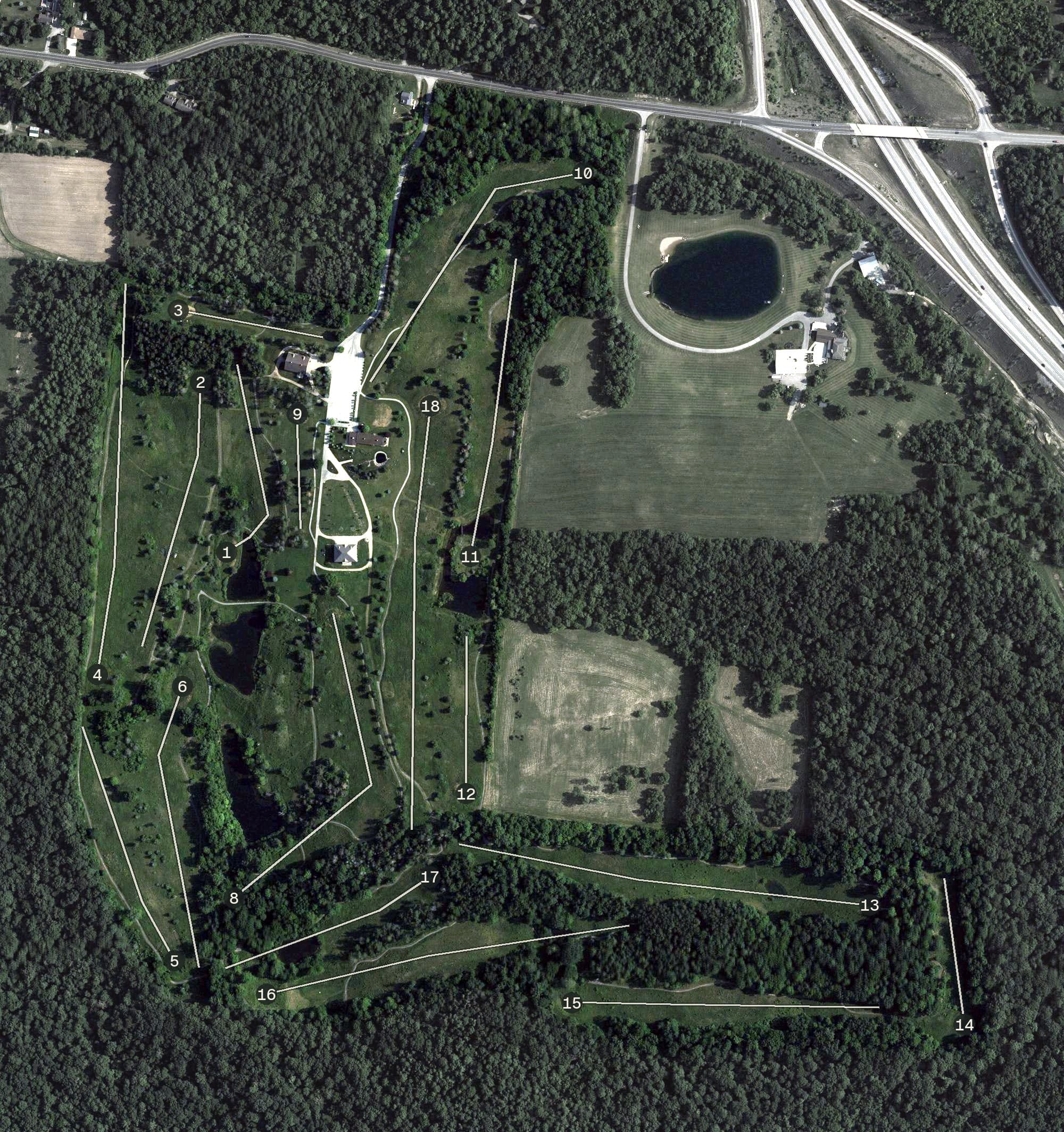 Aerial view of Tree Links Golf Course, OH, with its hole routing marked